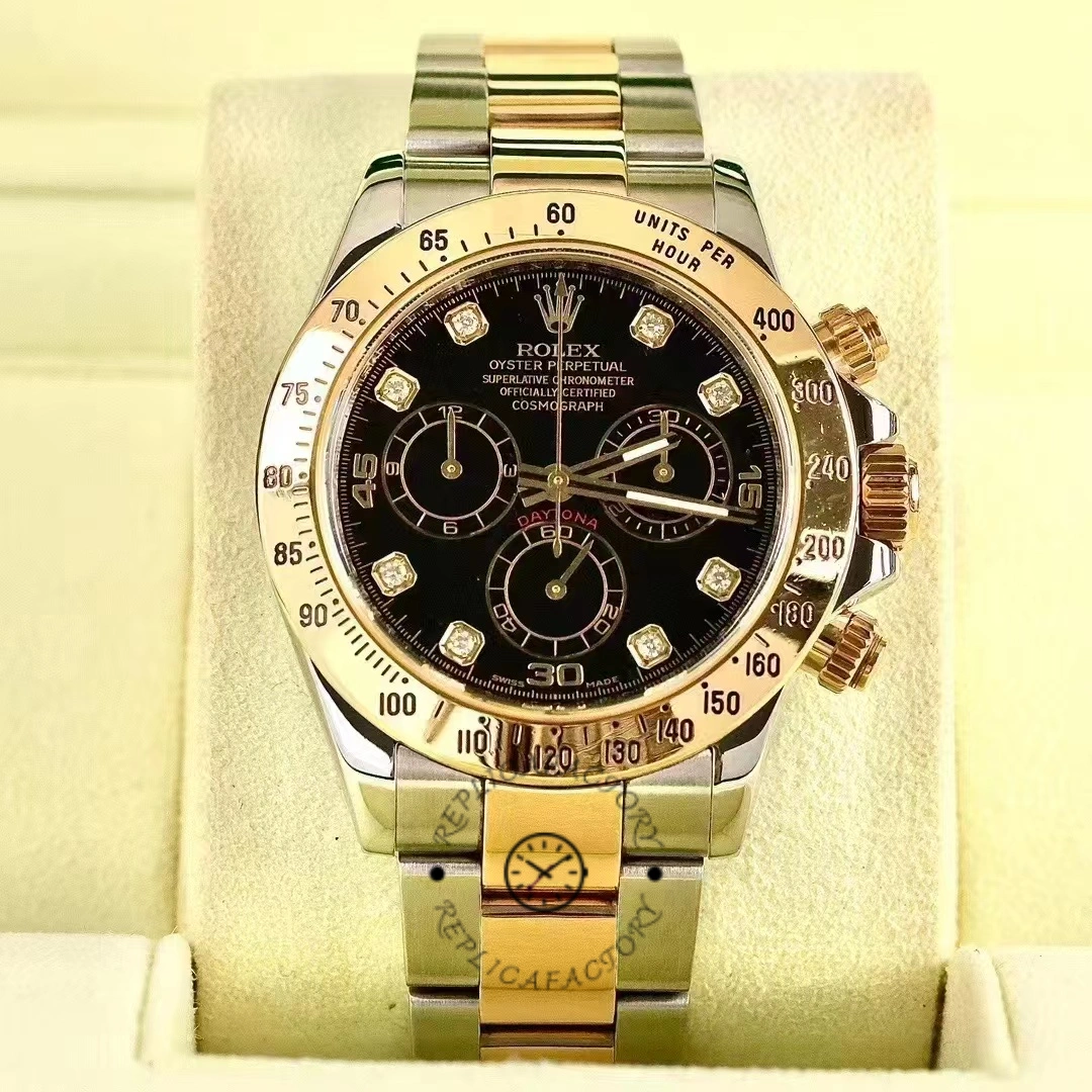 Rolex Daytona 116523 on stand, front view, black dial with diamond markers and subdials.