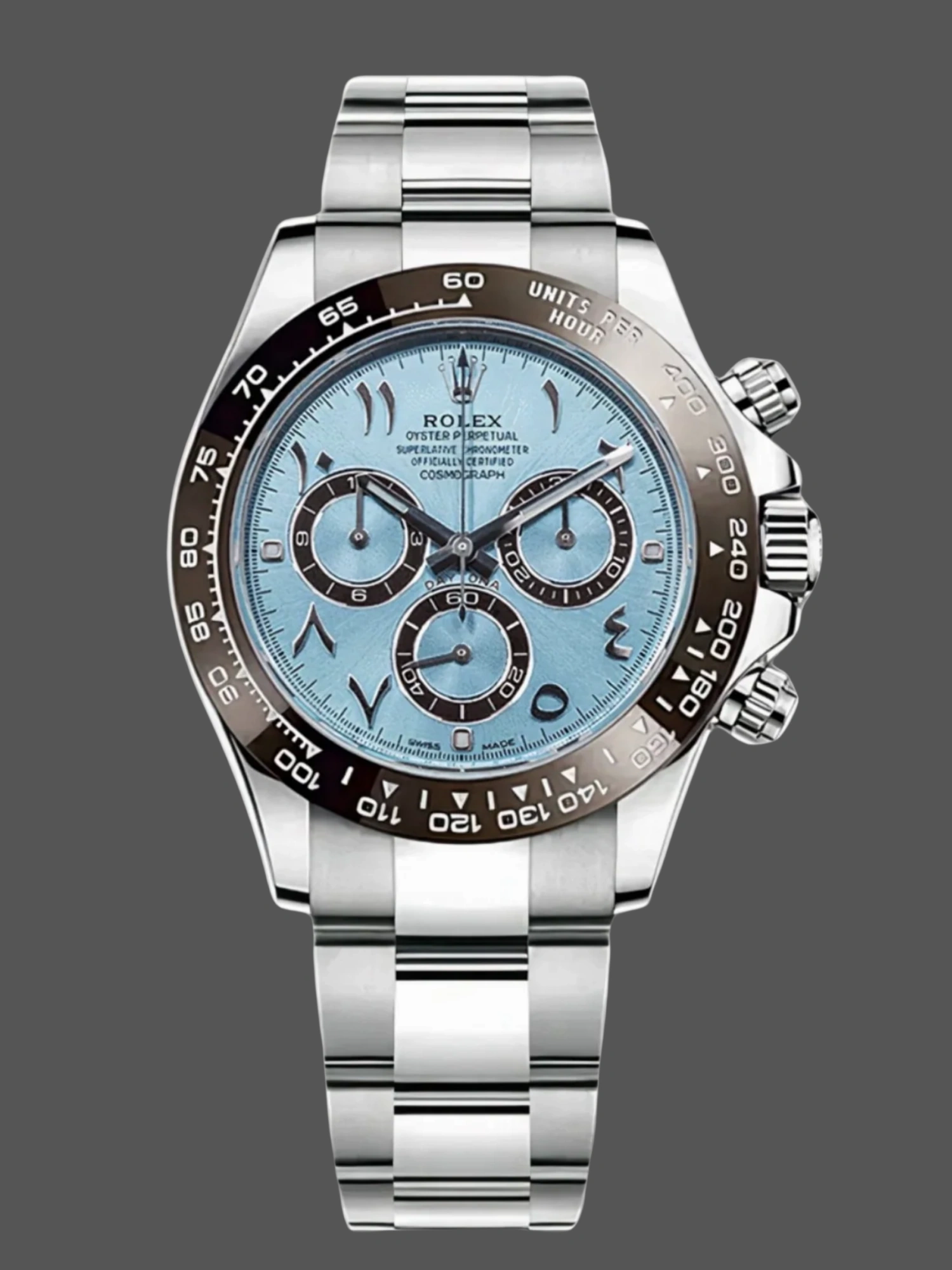 Front view of Rolex Daytona Arabic 116506, ice blue dial with Arabic numerals, steel bracelet. - Front view