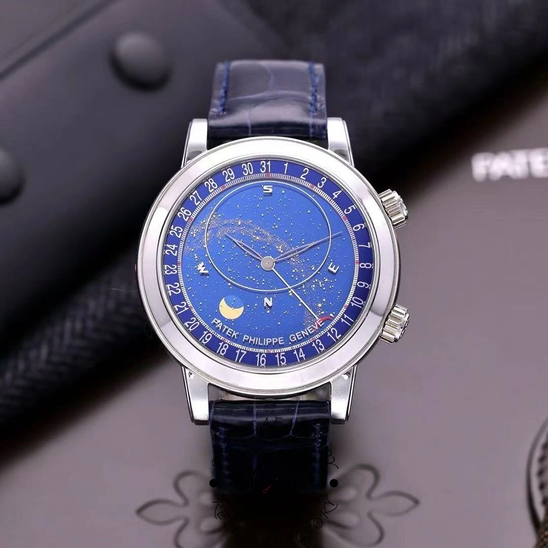 Patek Philippe Celestial Moon Age 6102P-001, front wrist-style shot highlighting blue dial and bezel.