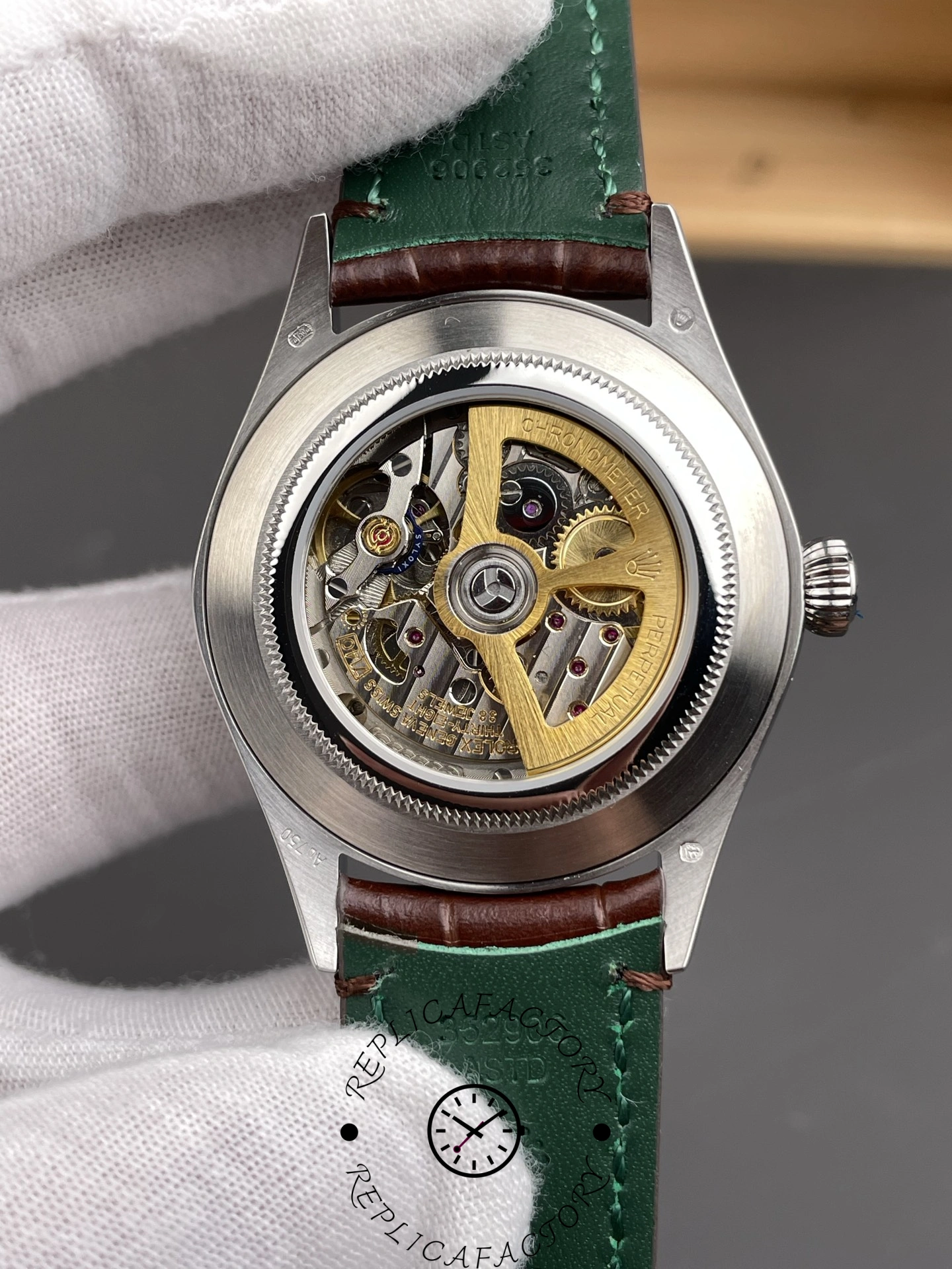 Rear view of the Rolex 1908 52506-0002 replica showing transparent case back and movement.