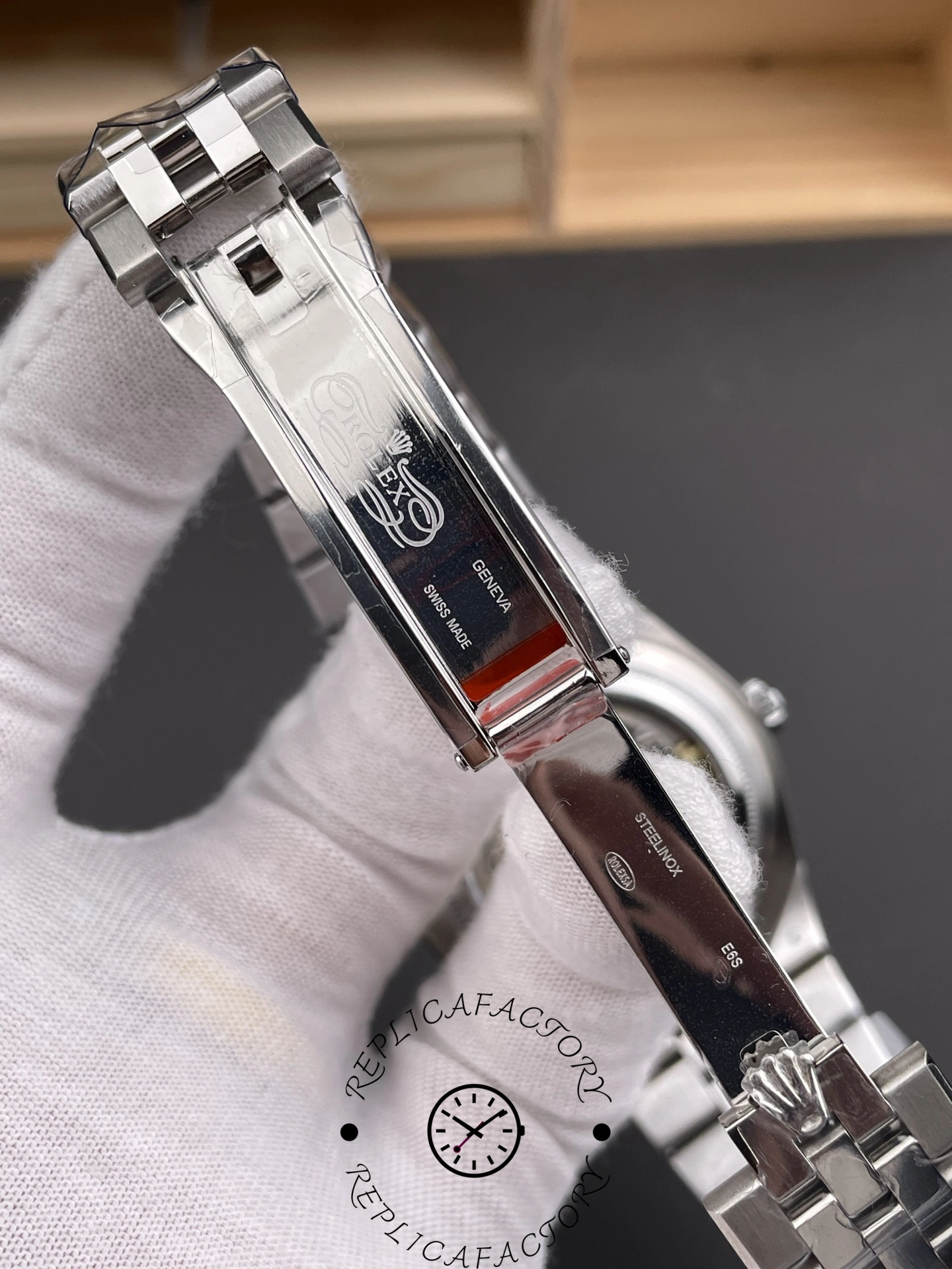 Close-up of clasp on Rolex Land-Dweller 40 127336-0001 Replica showing folding buckle detail.