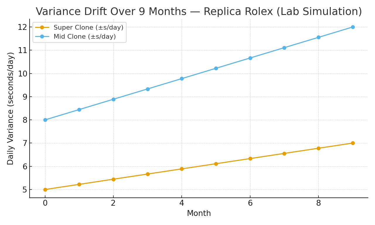 Line chart showing variance drift over 9 months: Super Clone from &plusmn;5 to &plusmn;7 s/day, Mid Clone from &plusmn;8 to &plusmn;12 s/day