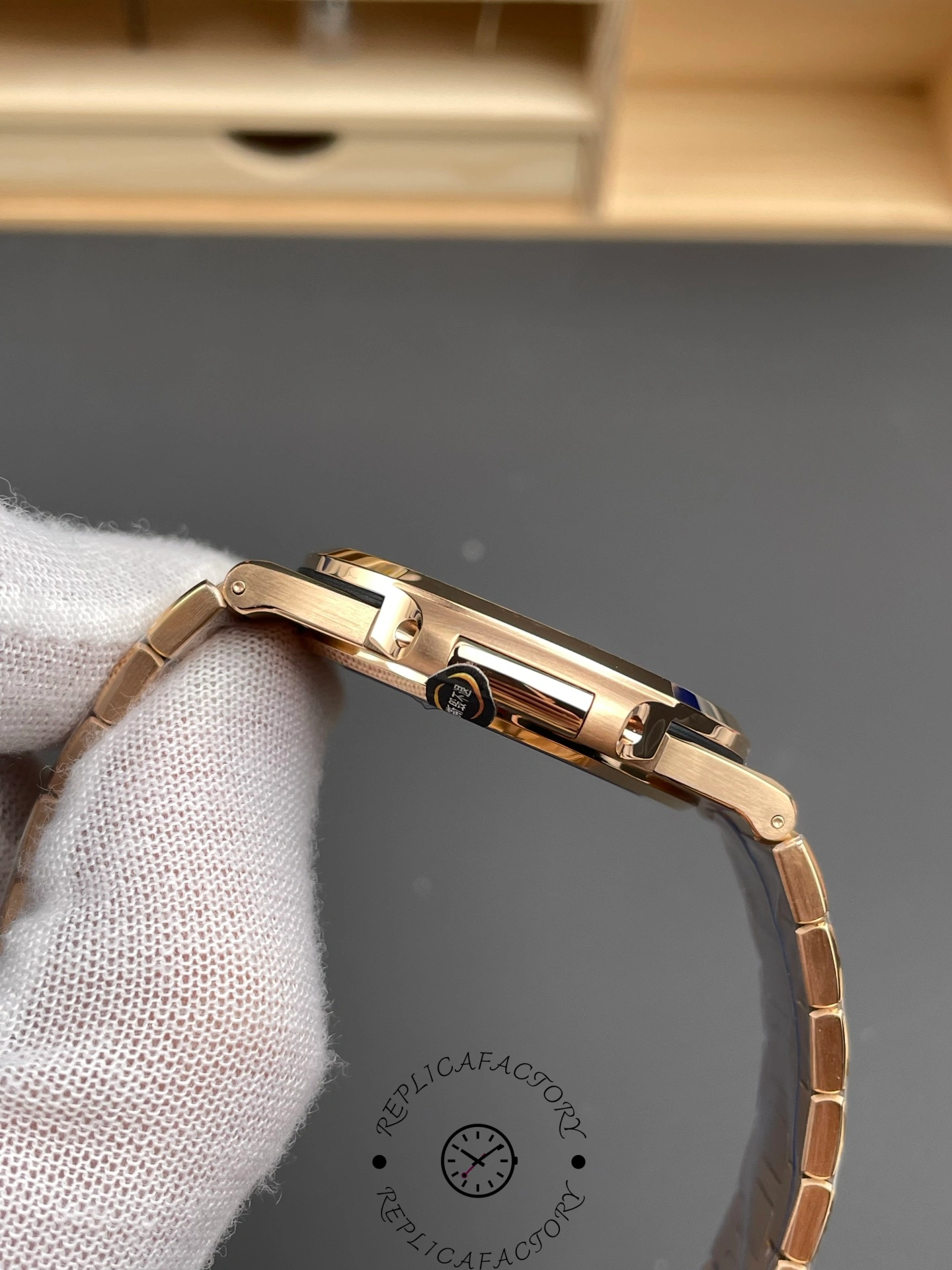 Side angle of Patek Philippe Nautilus 5711/1R-001 showing bracelet links and case edge finish.