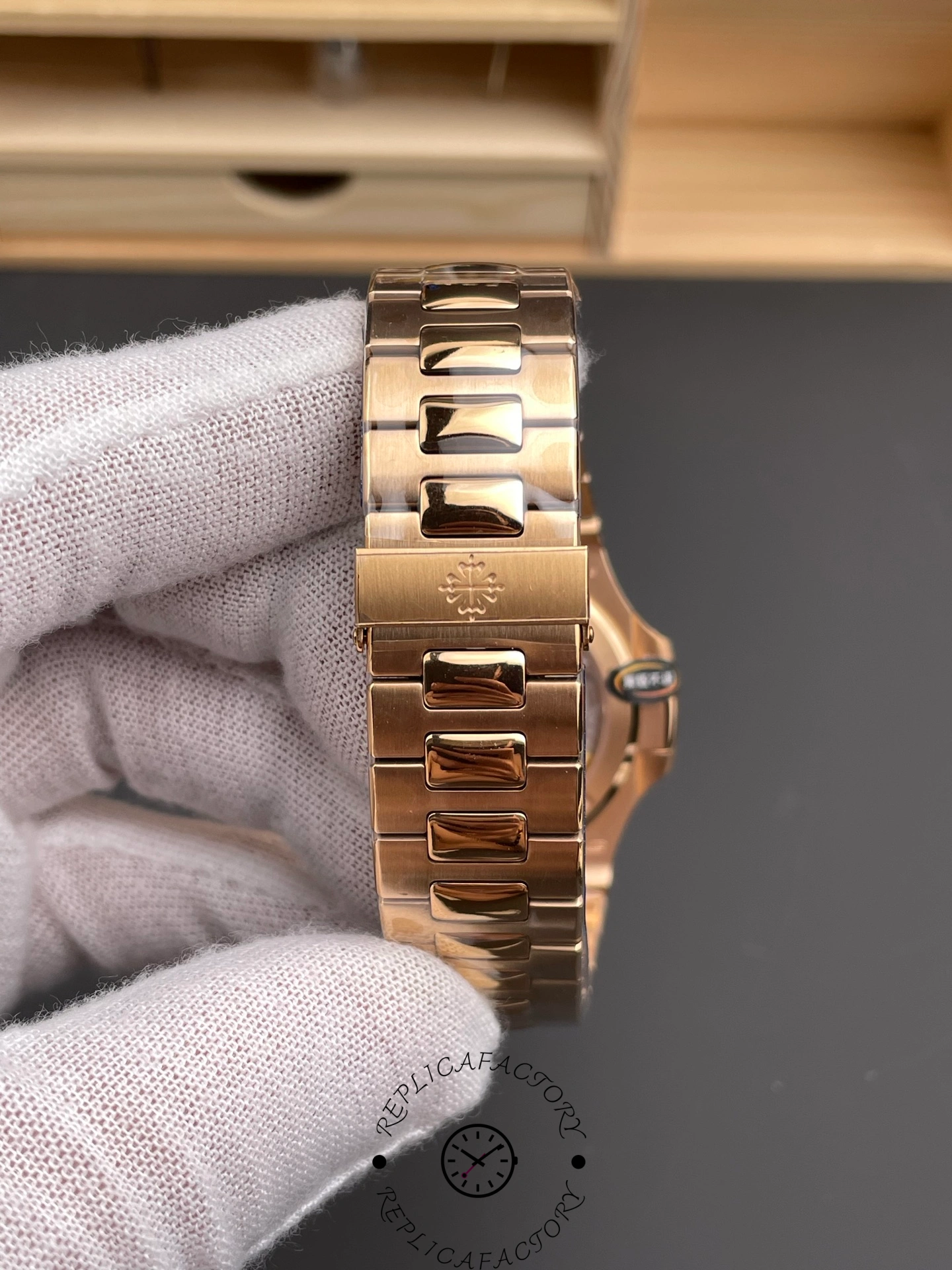 Clasp-side view of Patek Philippe Nautilus 5711/1R-001 showing deployant clasp and bracelet finish.