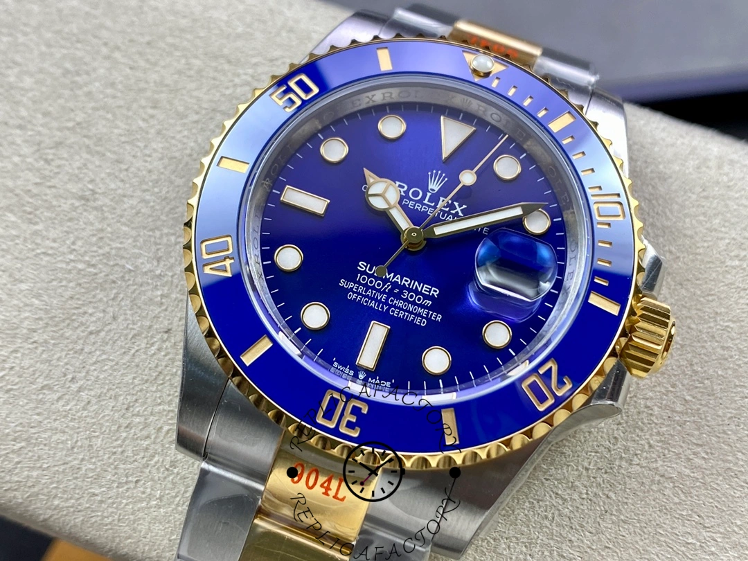 Rolex Submariner 126613LB close-up, rehaut and crown guards visible beside the blue bezel.