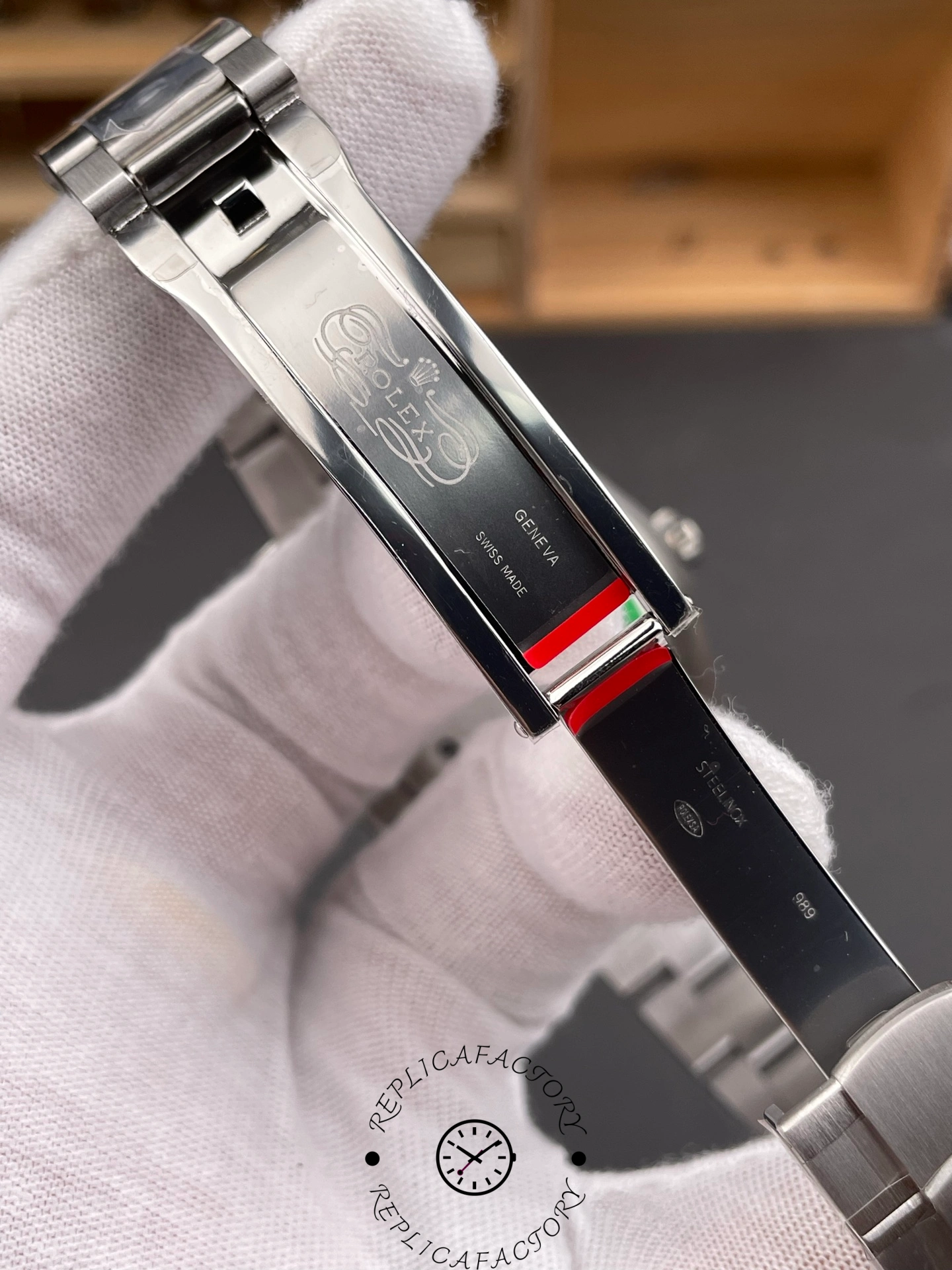 Clasp underside of Rolex Oyster Perpetual 134300 0004 showing folding clasp details.