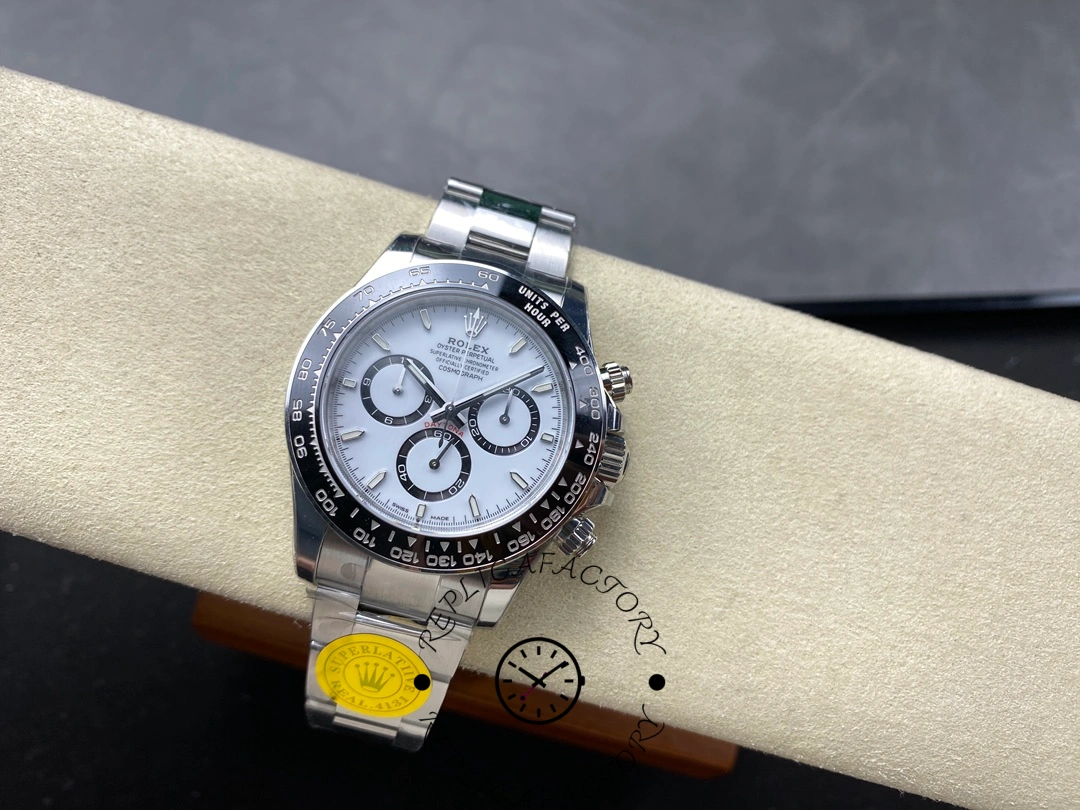 Rolex Daytona M126500LN-0001 on cushion, full watch view with Oyster bracelet.