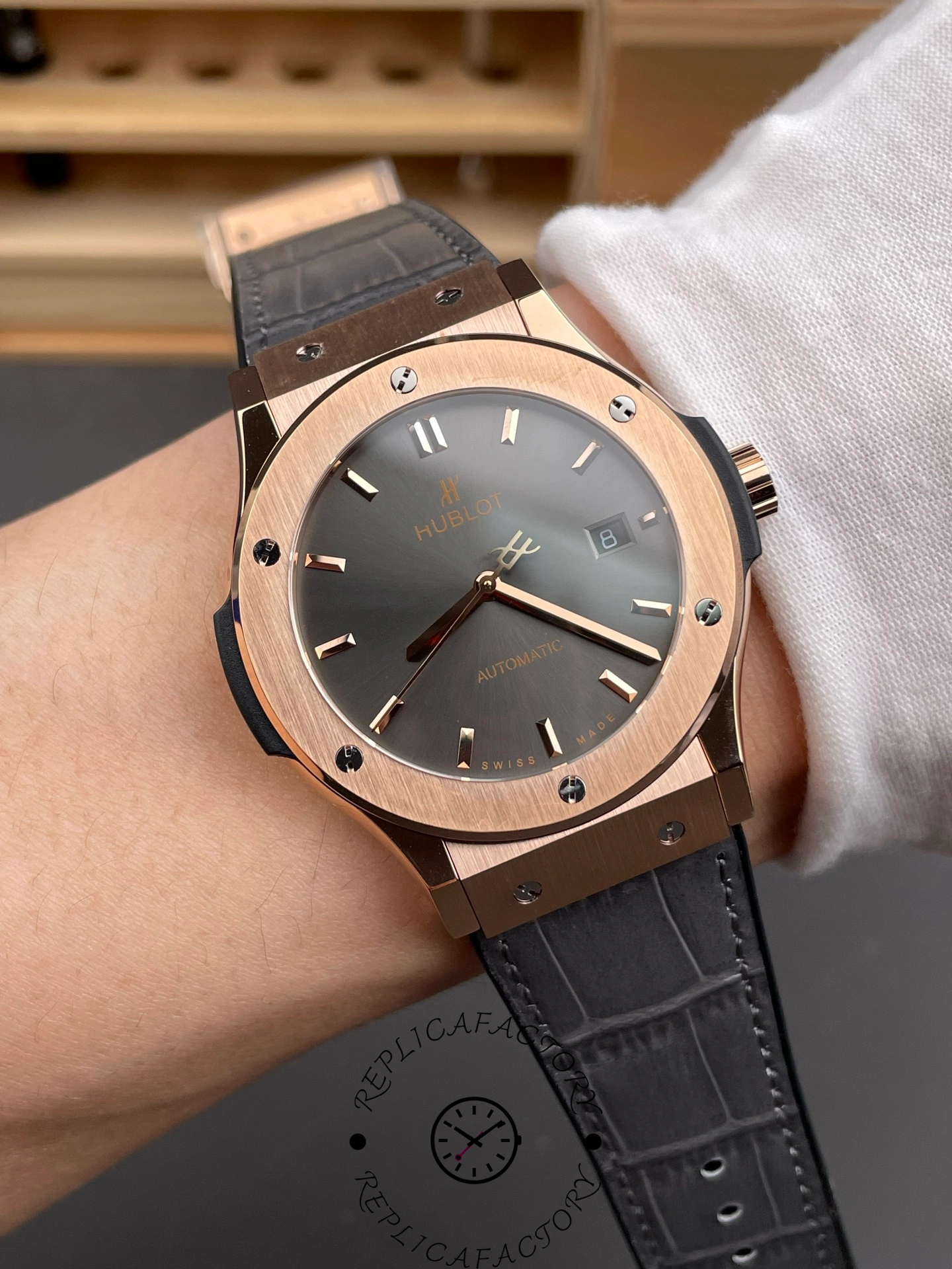 Wrist shot of Hublot 511.OX.7081.LR showing how the 45mm case wears on the wrist.