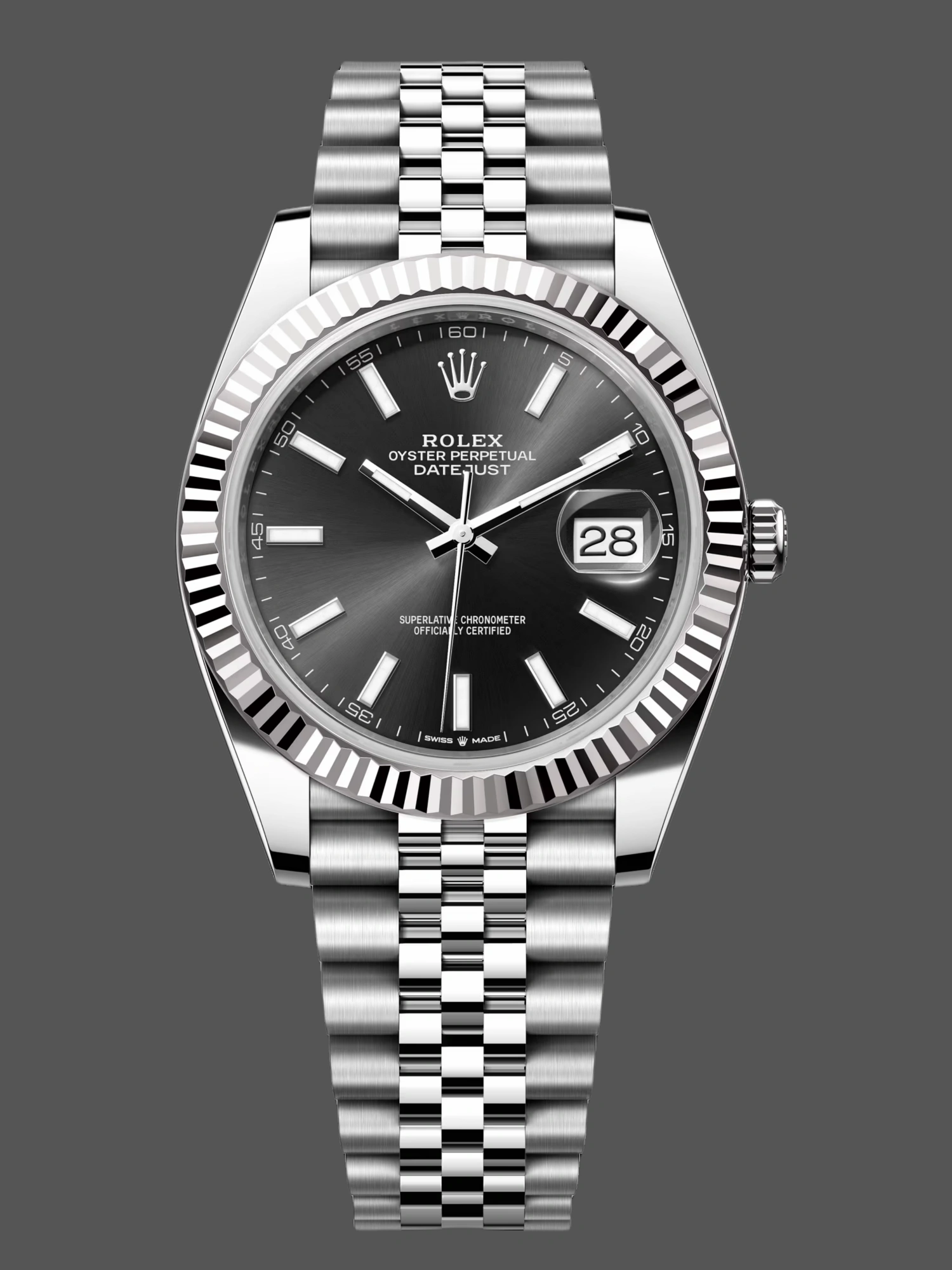 Front view of the Rolex Datejust 126334-0018 with black dial, fluted bezel, and Jubilee bracelet. - Front view