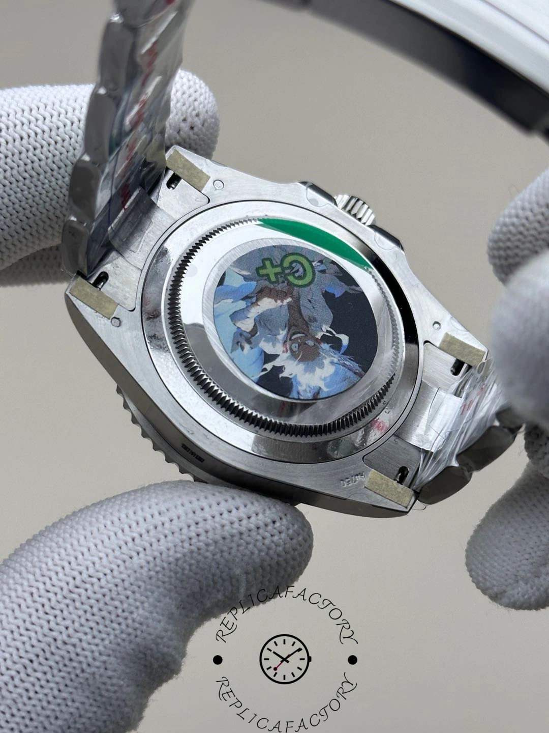Rolex GMT-Master II 126719 0002 case back view, stickers and Oyster bracelet, rear angle.