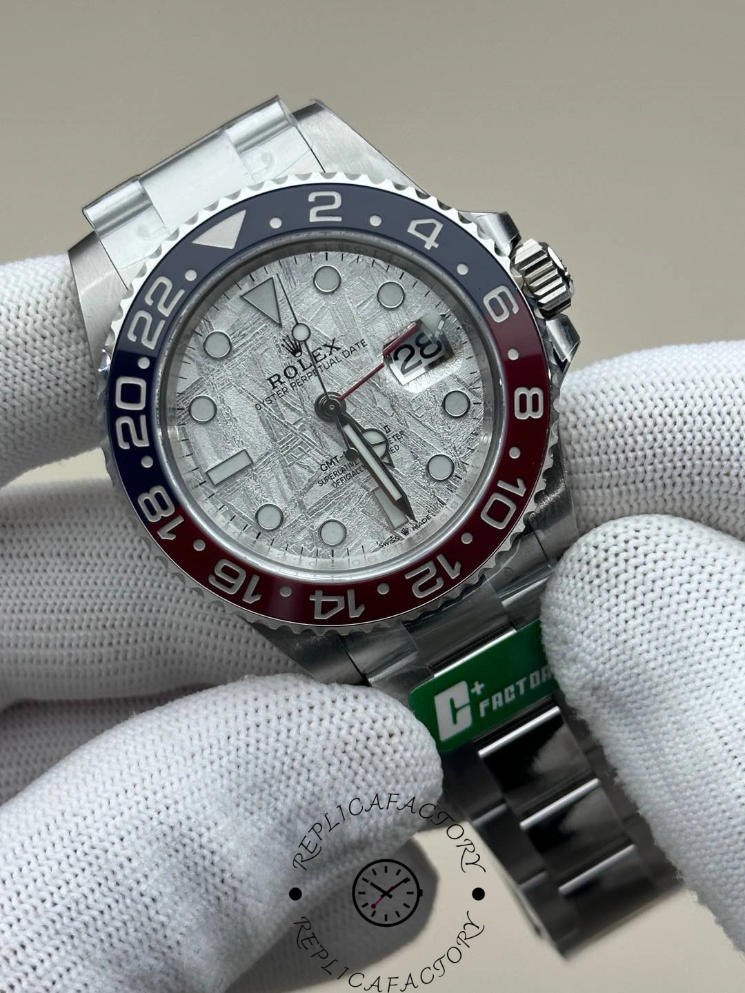 Rolex GMT-Master II 126719 0002 close-up, meteorite dial texture and Pepsi bezel numerals.