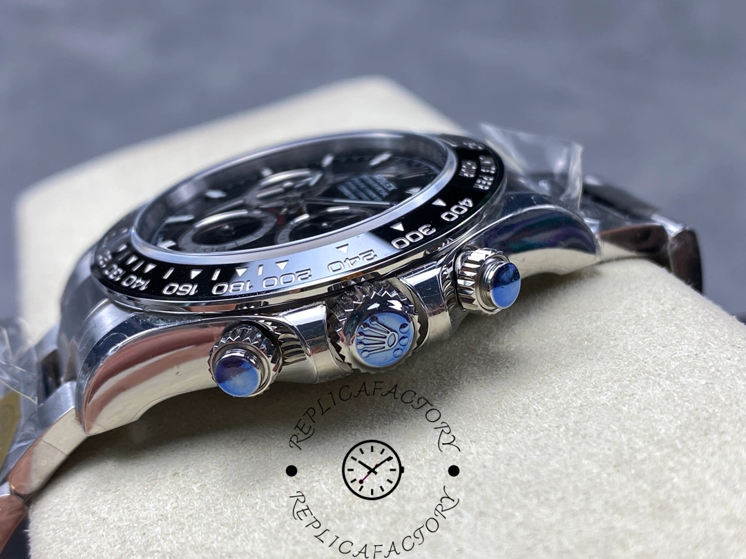 Crown-side view of Rolex Cosmograph Daytona m126500ln-0002 showing pushers and crown guards.