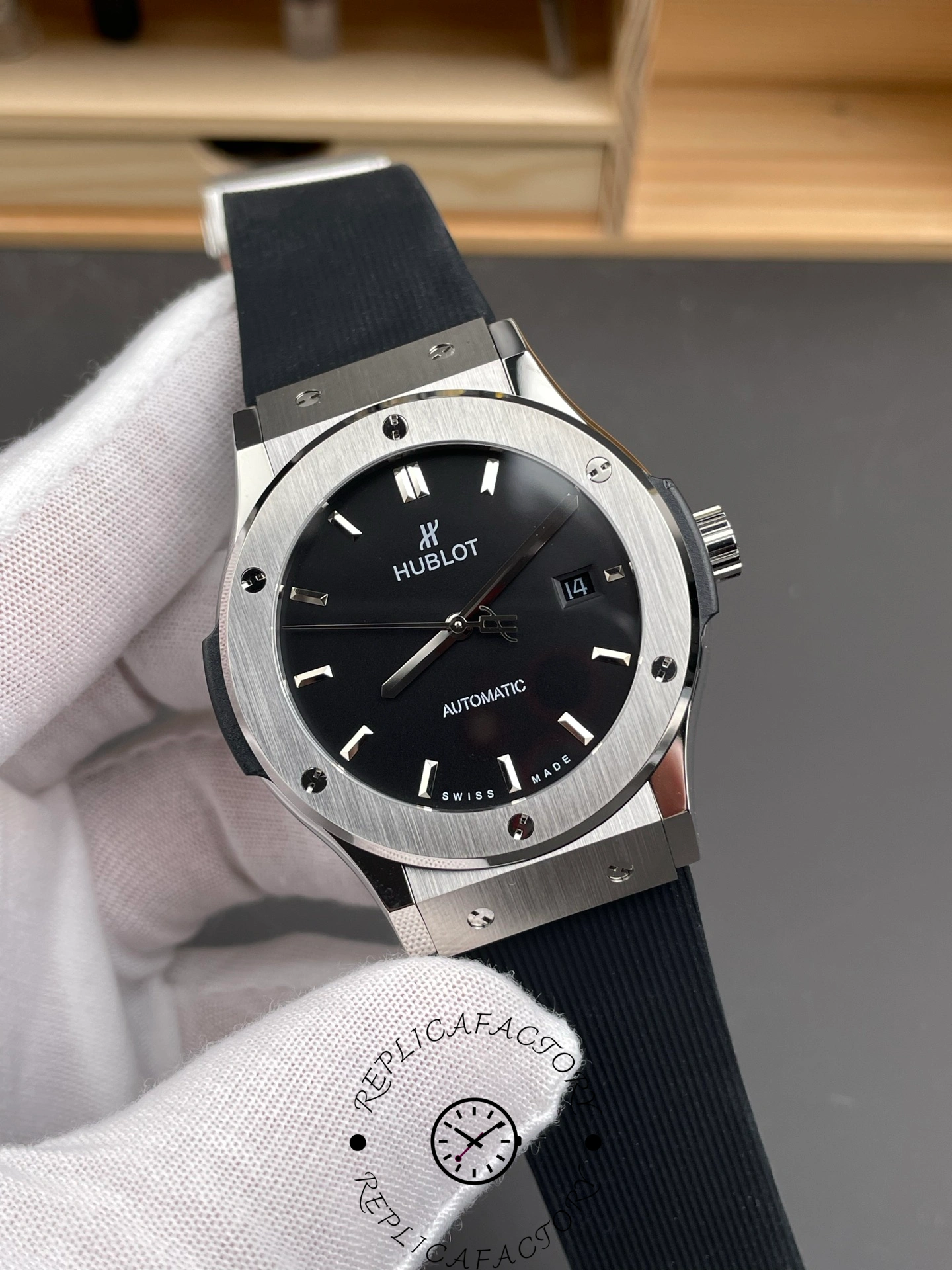 Angled front view of Hublot Classic Fusion 542.NX.1171.RX, polished bezel and dial reflections.