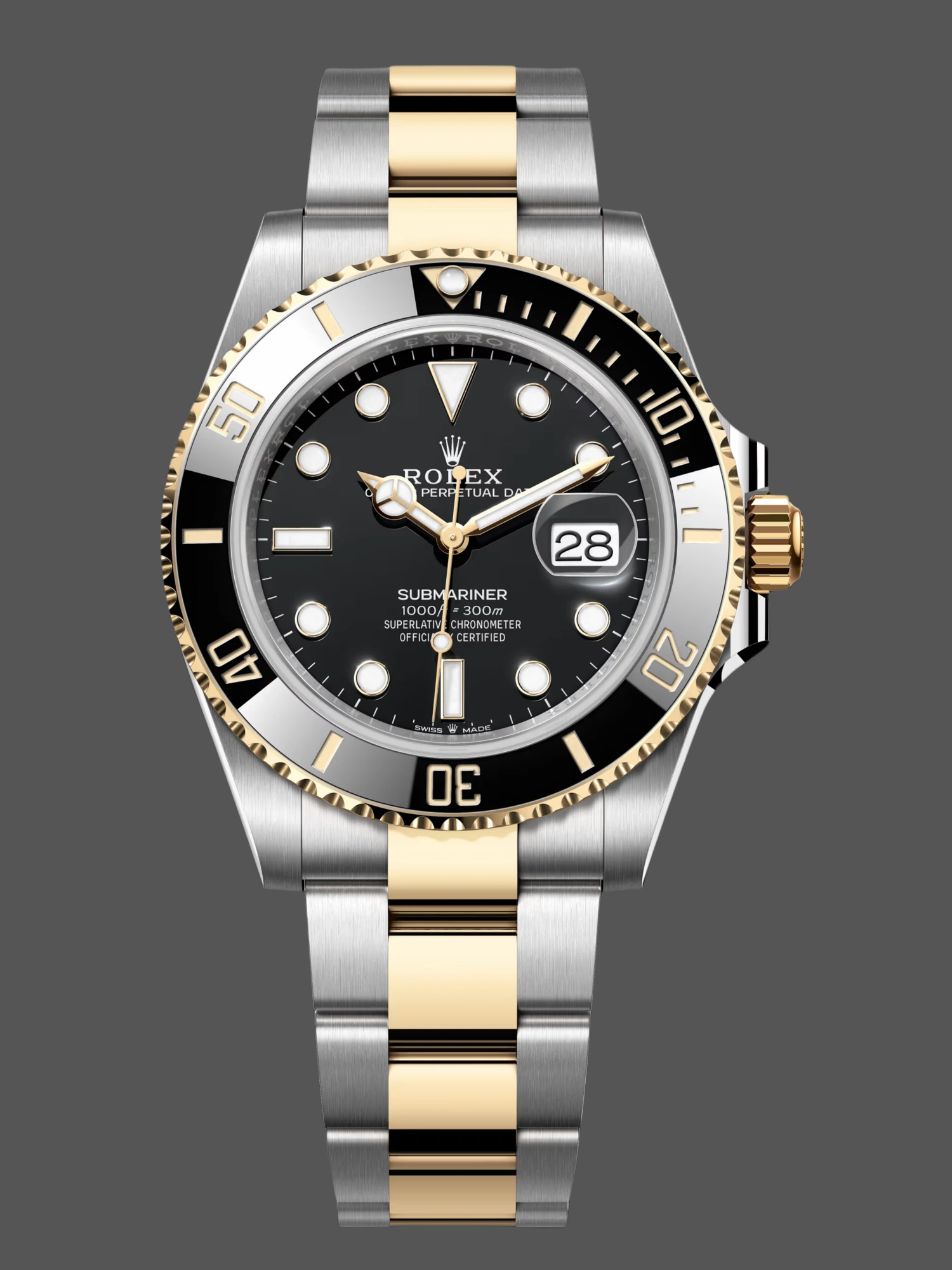Rolex Submariner 126613LN 0002 full watch, two-tone Oyster bracelet, black dial and black bezel. - Front view