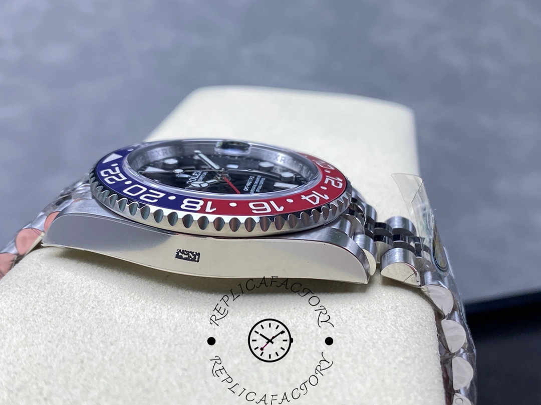 Rolex GMT-Master II 126710BLRO, side profile close-up showing case thickness and bezel edge.