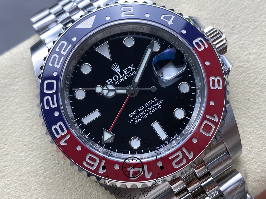 Rolex GMT-Master II 126710BLRO, dial close-up showing black dial, GMT hand, and Pepsi bezel.