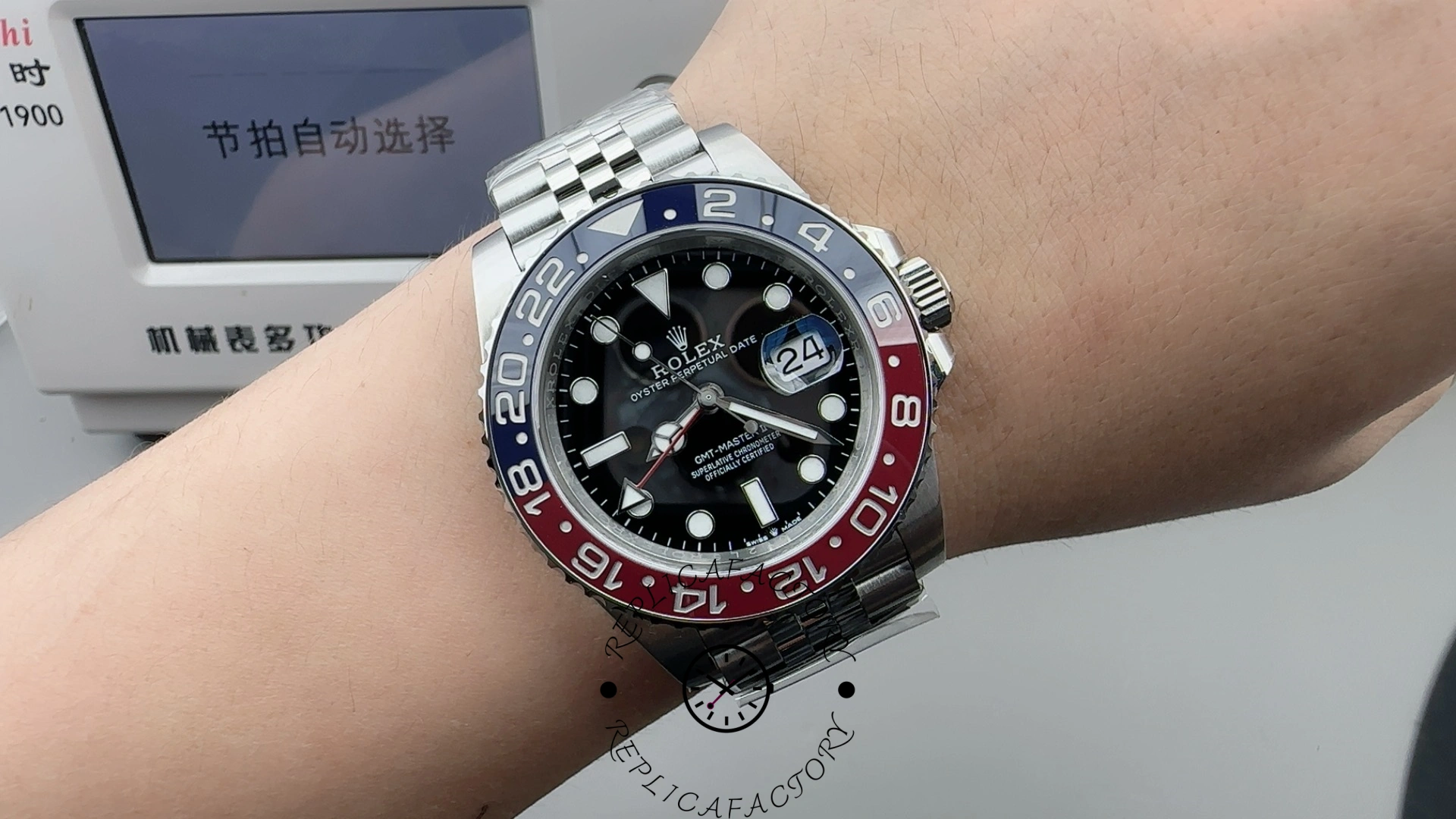 Rolex GMT-Master II 126710BLRO, wrist shot showing 40mm fit with Pepsi bezel and Jubilee bracelet.