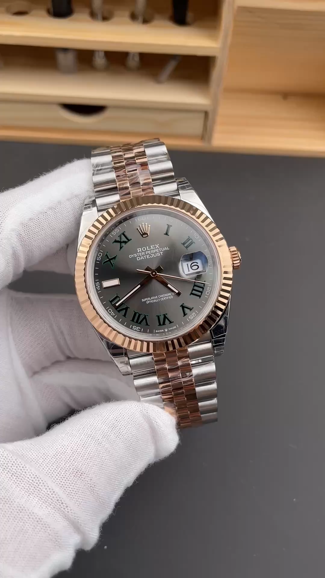 Video of Rolex Datejust 41 m126331-0016 held in hand with grey dial and Jubilee bracelet. - Video
