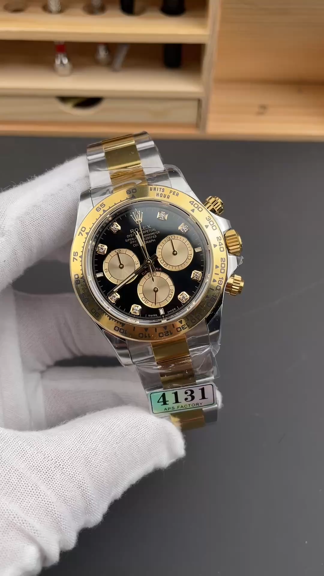 Video of Rolex Two Tone Daytona 126503 showing black diamond dial and gold accents. - Video