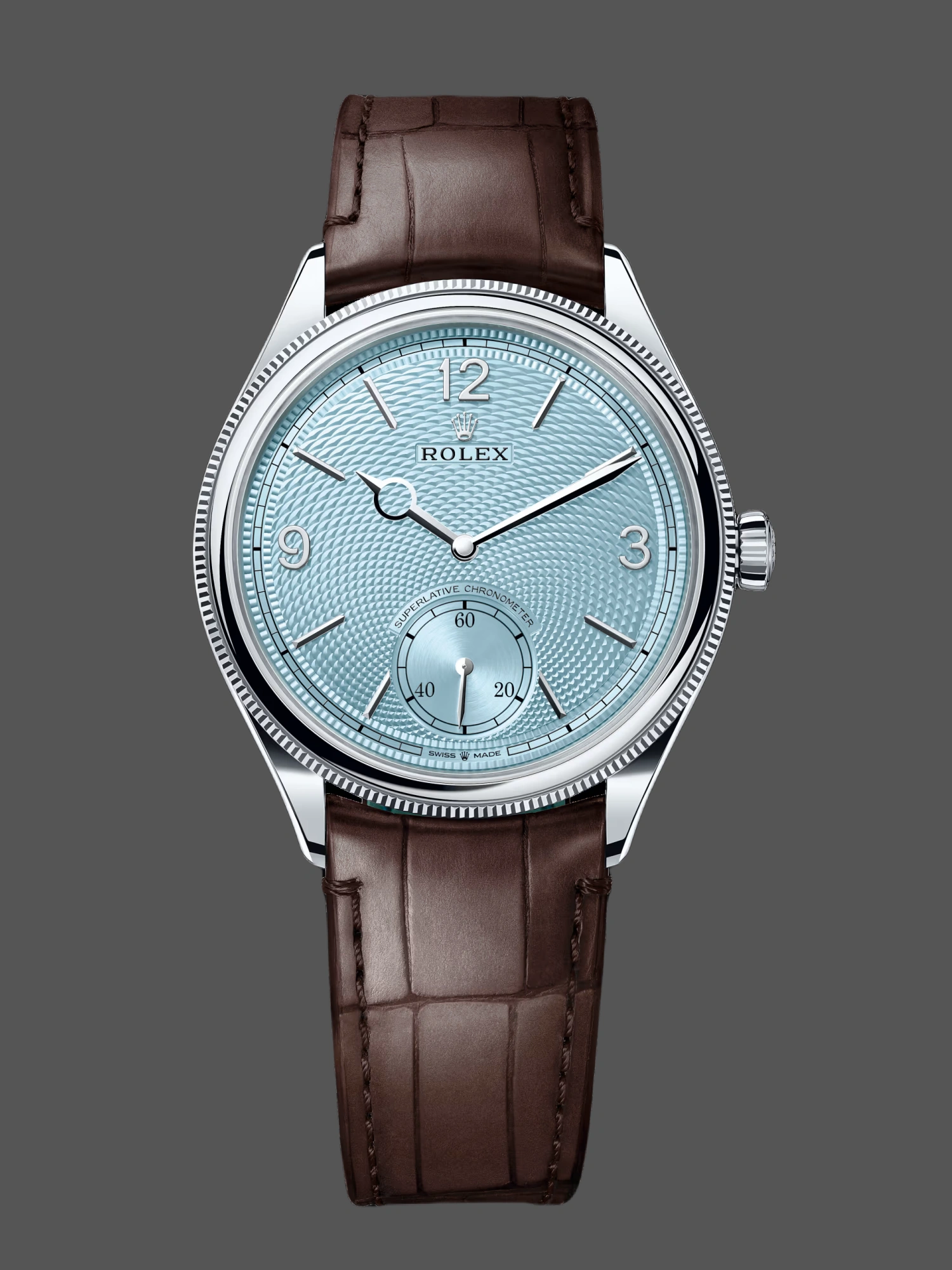 Front view of the Rolex 1908 52506-0002 39mm replica with ice blue guilloché dial and brown leather strap.