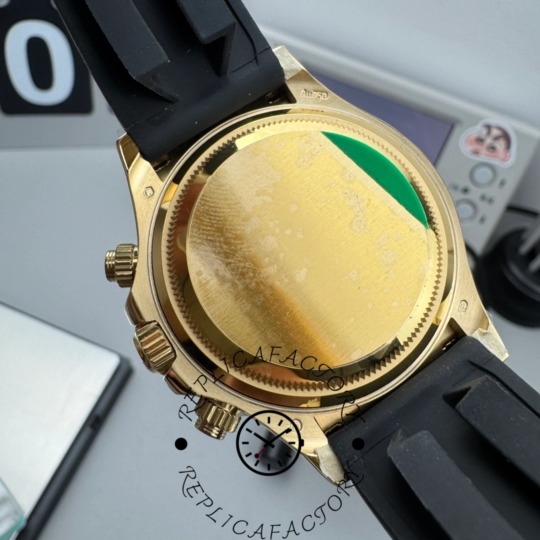 Case back view of Rolex Daytona 126518LN-0012 showing smooth gold back and strap ends.