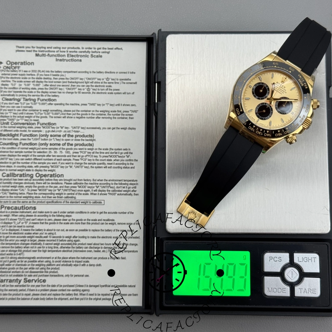 Close-up weighing view of Replica Rolex Cosmograph Daytona 126518LN-0012 showing digital scale reading.