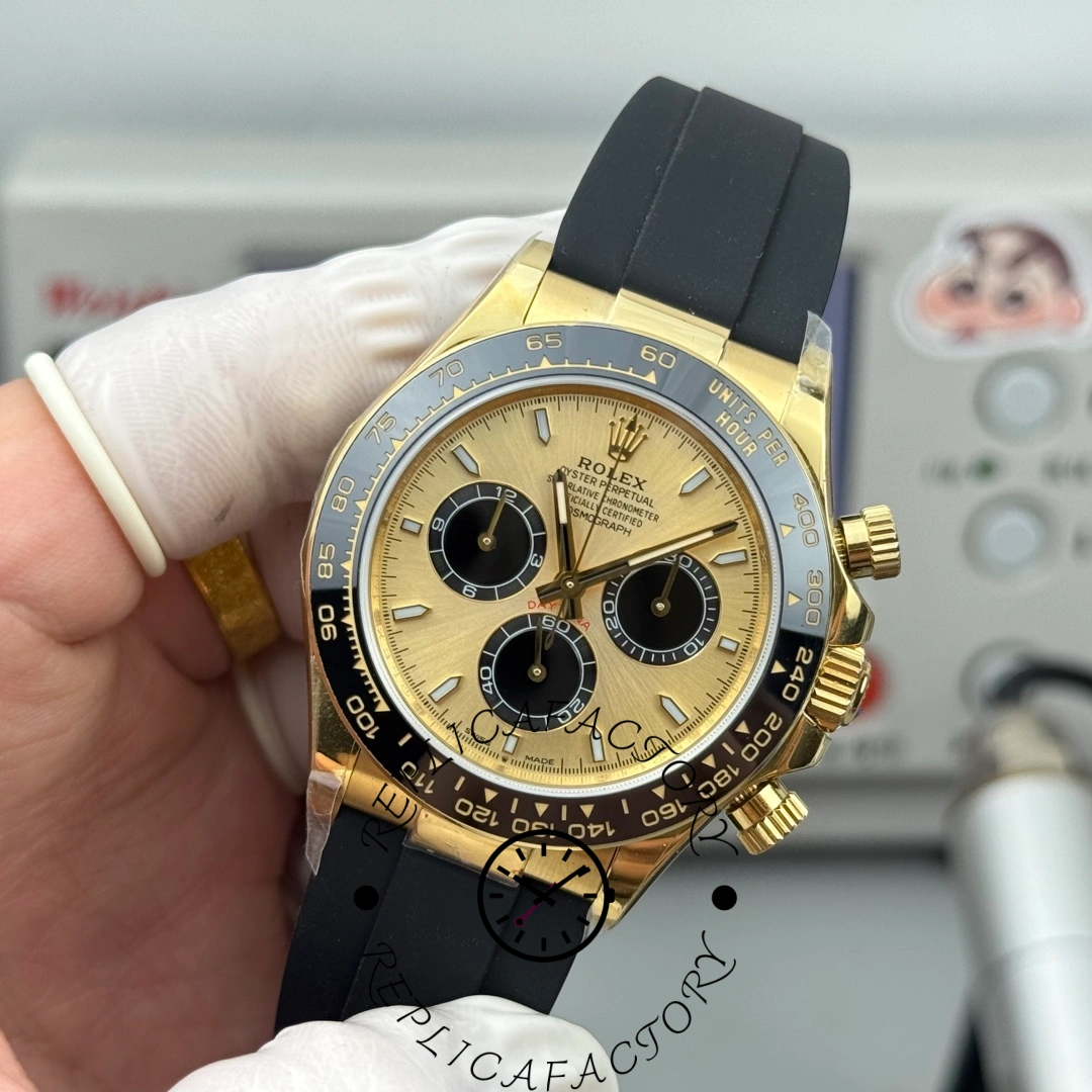 Angled close-up of Rolex Daytona 126518LN-0012 showing gold lugs and strap fit.
