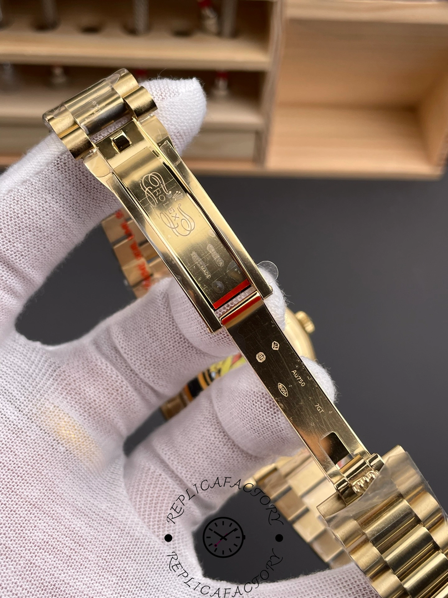 Clasp detail of the Rolex Day-Date m228238-0005 showing the folding clasp and bracelet interior.