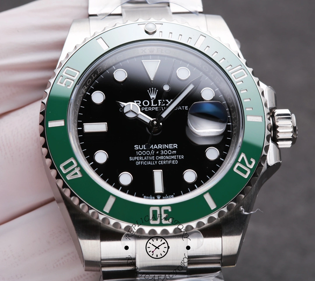 Rolex Submariner 126610LV, studio-style front shot with green bezel and cyclops date at 3.