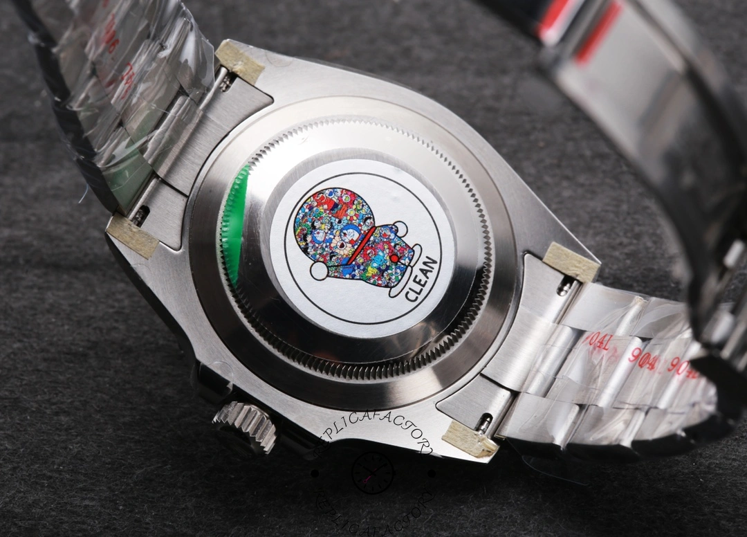 Rolex Submariner 126610LV, caseback sticker close-up with bracelet end links visible.