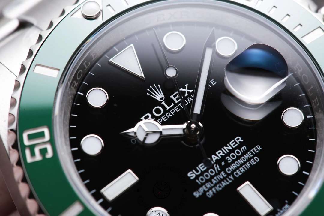 Rolex Submariner 126610LV, extreme close-up of cyclops date window and glossy black dial.