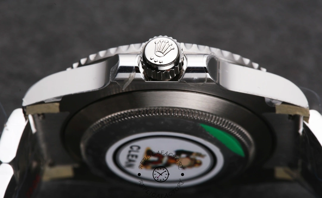 Rolex Submariner 126610LV, crown-side close-up showing screw-down crown and case profile.