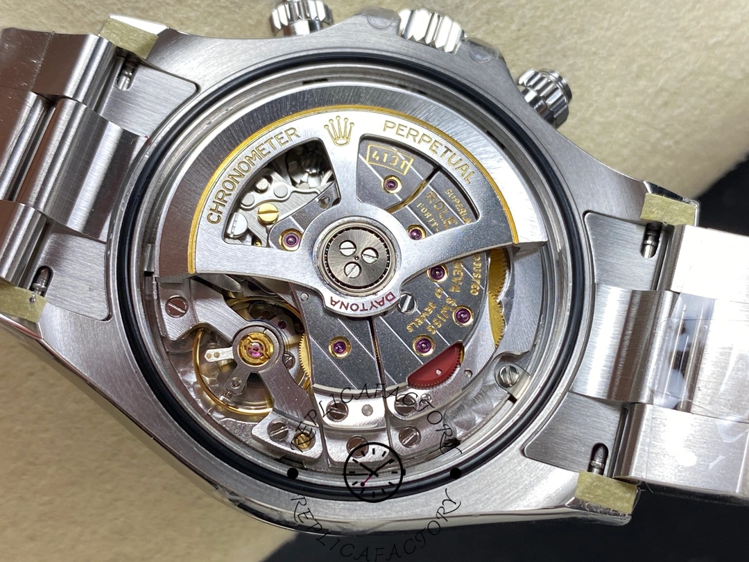 Rolex Daytona M126500LN-0001 movement view, transparent case back showing rotor and bridges.