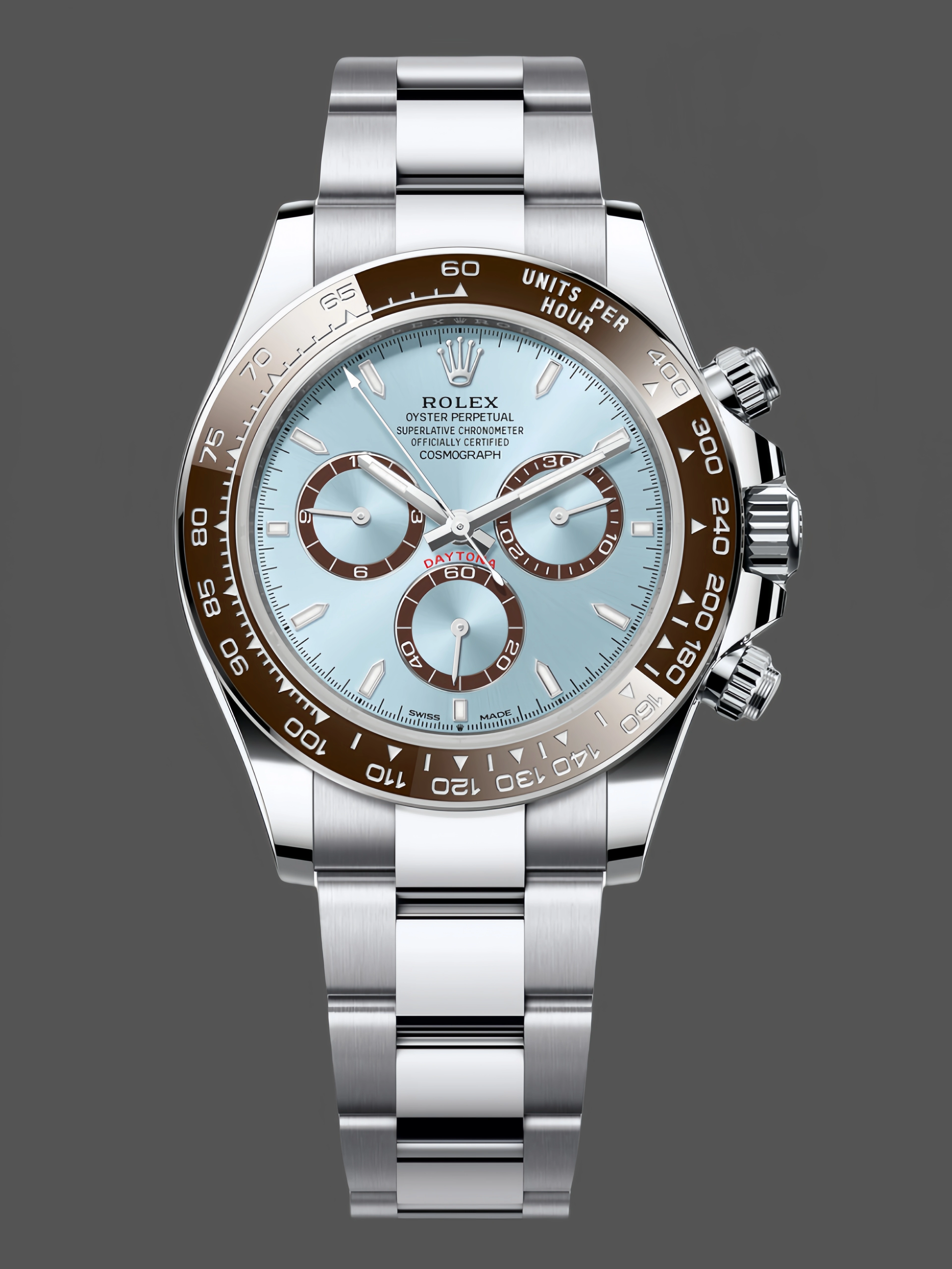 Front view of Rolex Platinum Daytona 126506, ice blue index dial, brown bezel, Oyster bracelet. - Front view