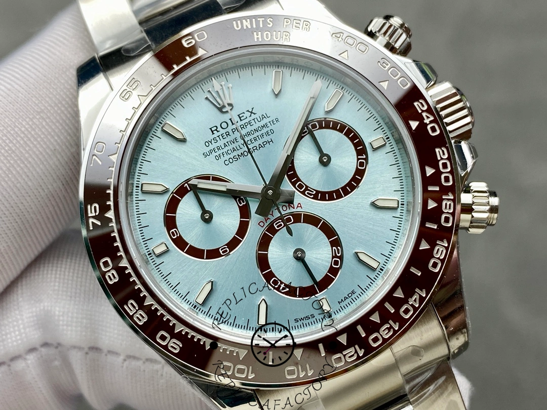 Dial macro of Rolex Platinum Daytona 126506 showing ice blue dial texture and subdials.