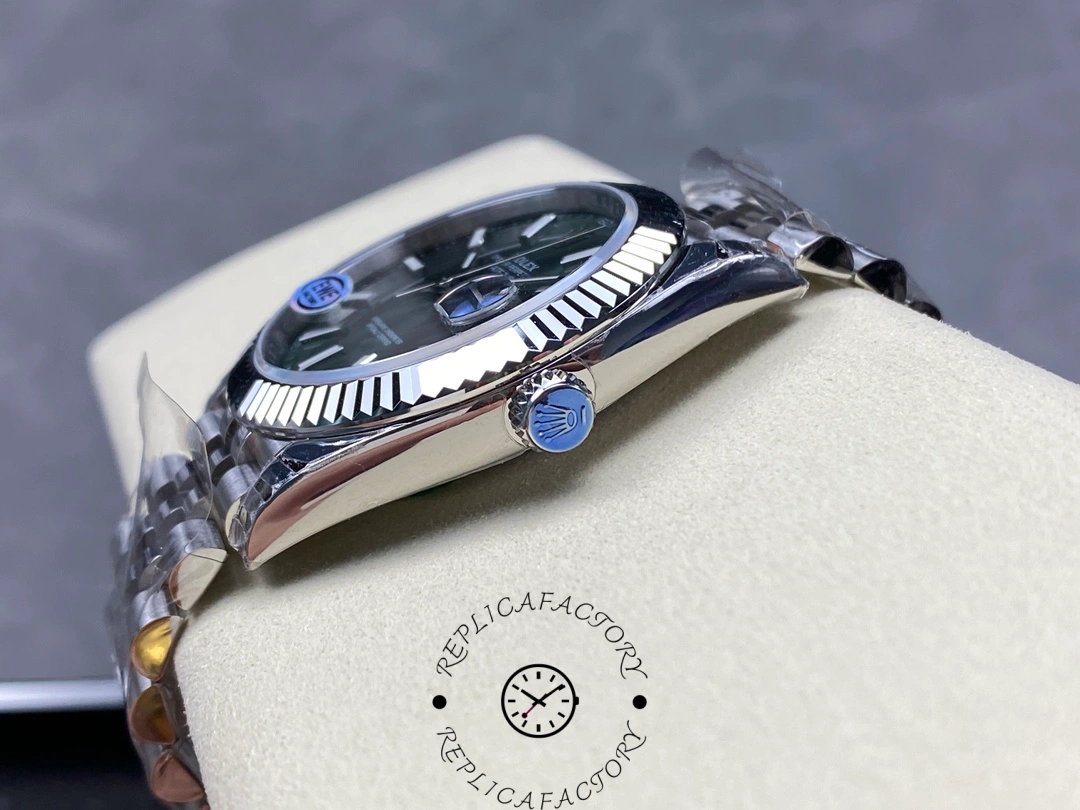 Opposite side view of the Rolex Datejust 126334-0028 showing the crown, polished case and bracelet fit.