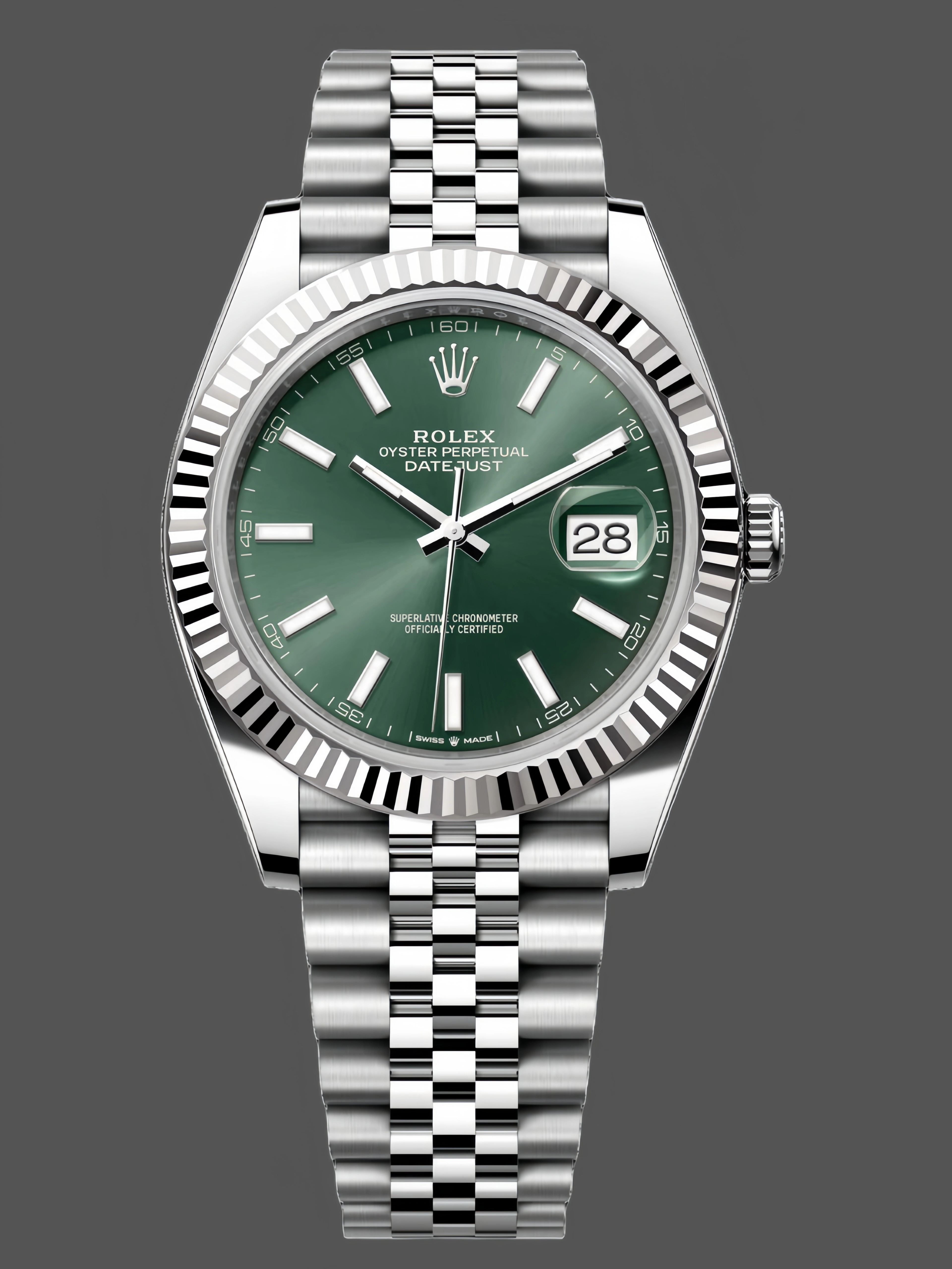 Front view of the Rolex Datejust 126334-0028 with green dial, fluted bezel, and Jubilee bracelet. - Front view