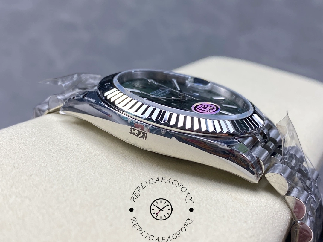 Slim side profile of the Rolex Datejust 126334-0028 showing the bezel edge and case shape.