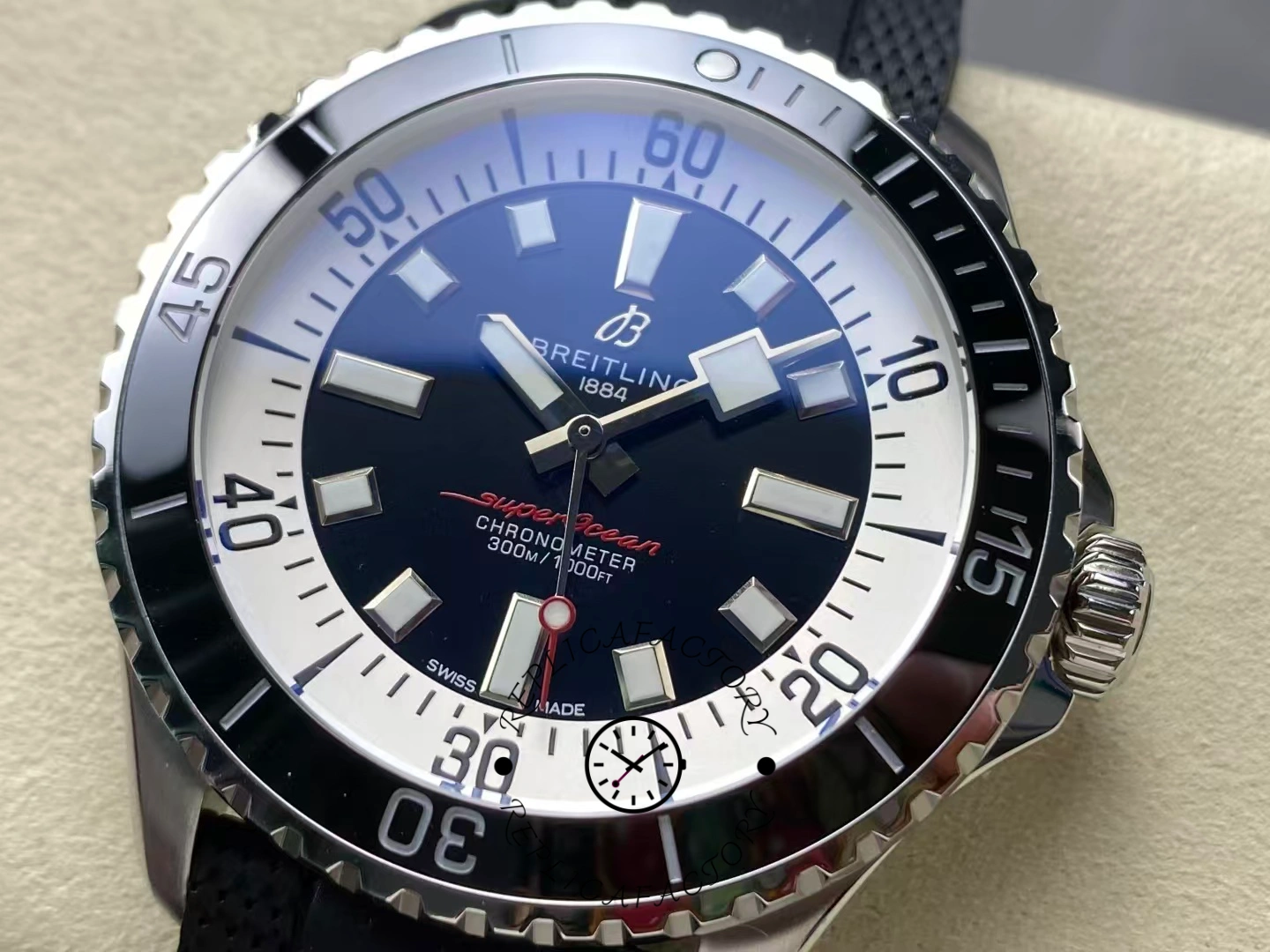 Breitling Superocean A17376211B1S1, angled dial close-up highlighting bezel edge and case finish.