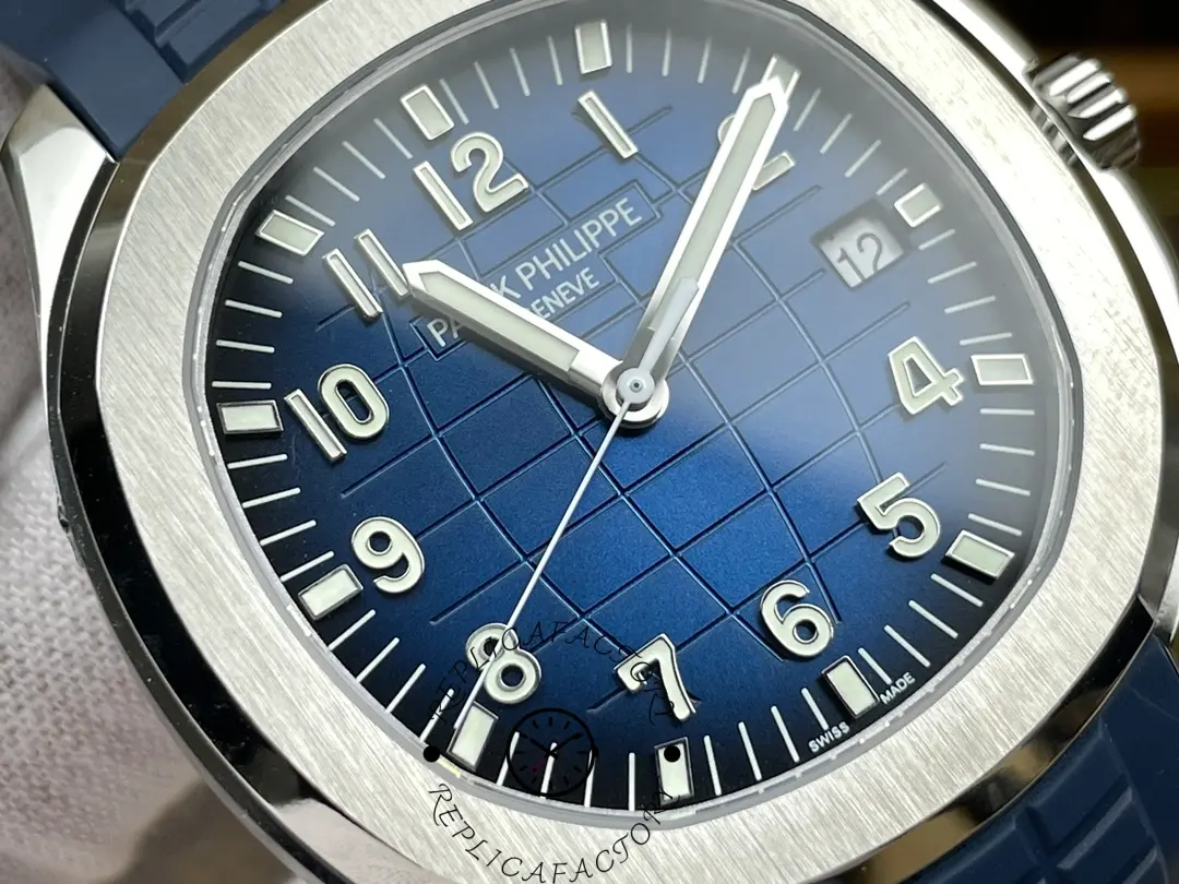 Macro dial detail of Patek Philippe Aquanaut 5168G-001 showing Arabic numerals and minute markers.