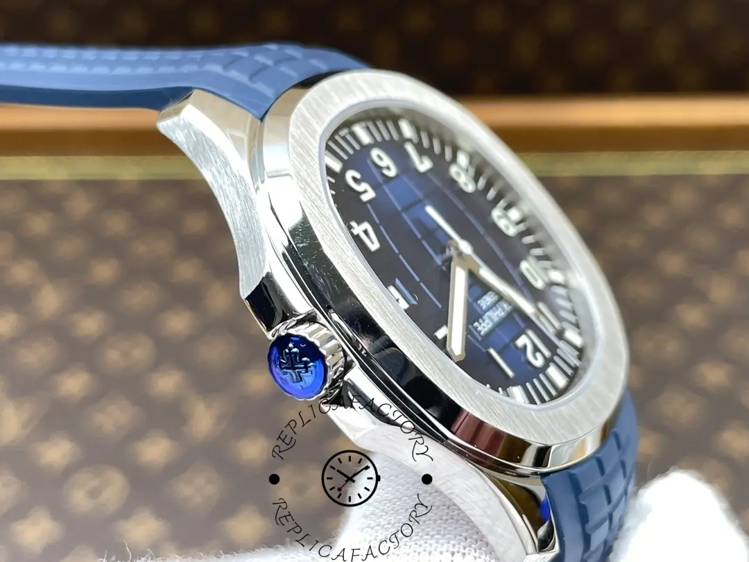 Side view of Patek Philippe Aquanaut 5168G-001 showing crown side and strap fit.