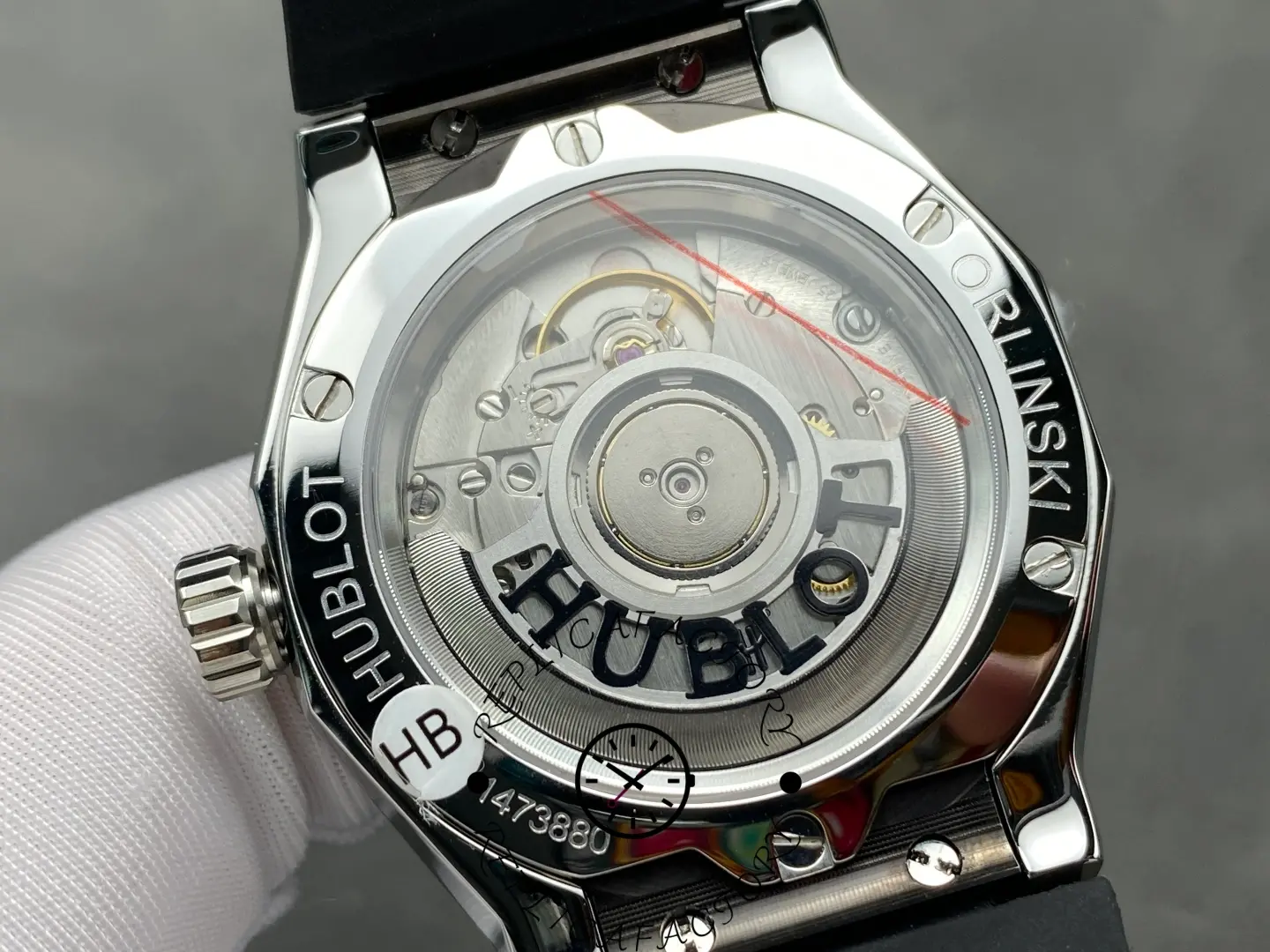 Hublot Classic Fusion Orlinski 550.NS.1800.RX.ORL19 caseback close-up, Hublot rotor detail.