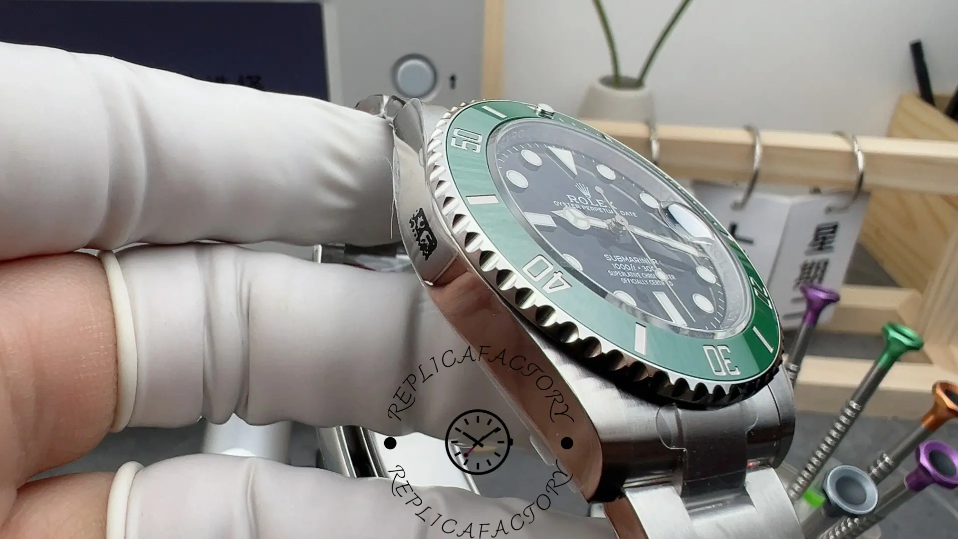 Rolex Submariner 126610LV, side profile showing case thickness and serrated bezel edge.