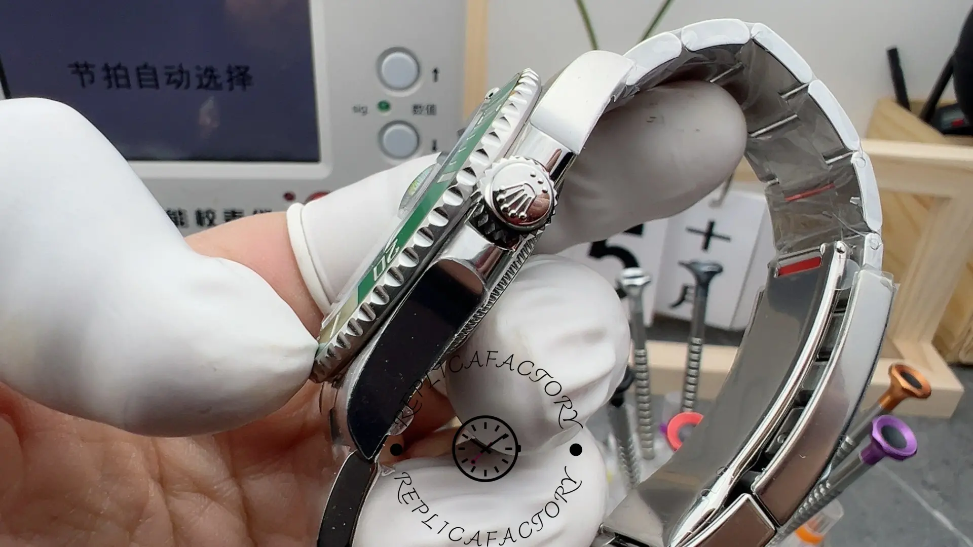 Rolex Submariner 126610LV, side profile showing crown and serrated bezel edge.