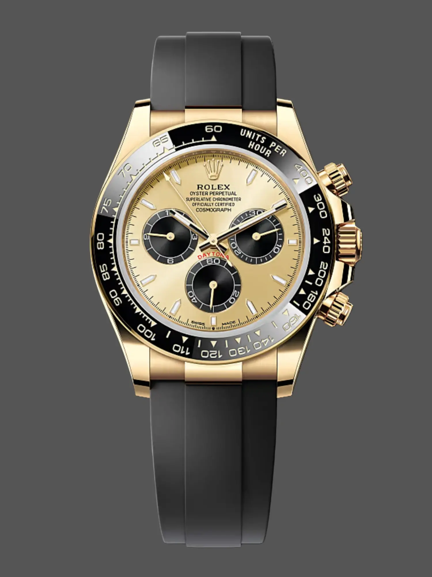 Front view of Rolex Cosmograph Daytona 126518LN-0012, yellow gold case, black strap, champagne dial. - Front view