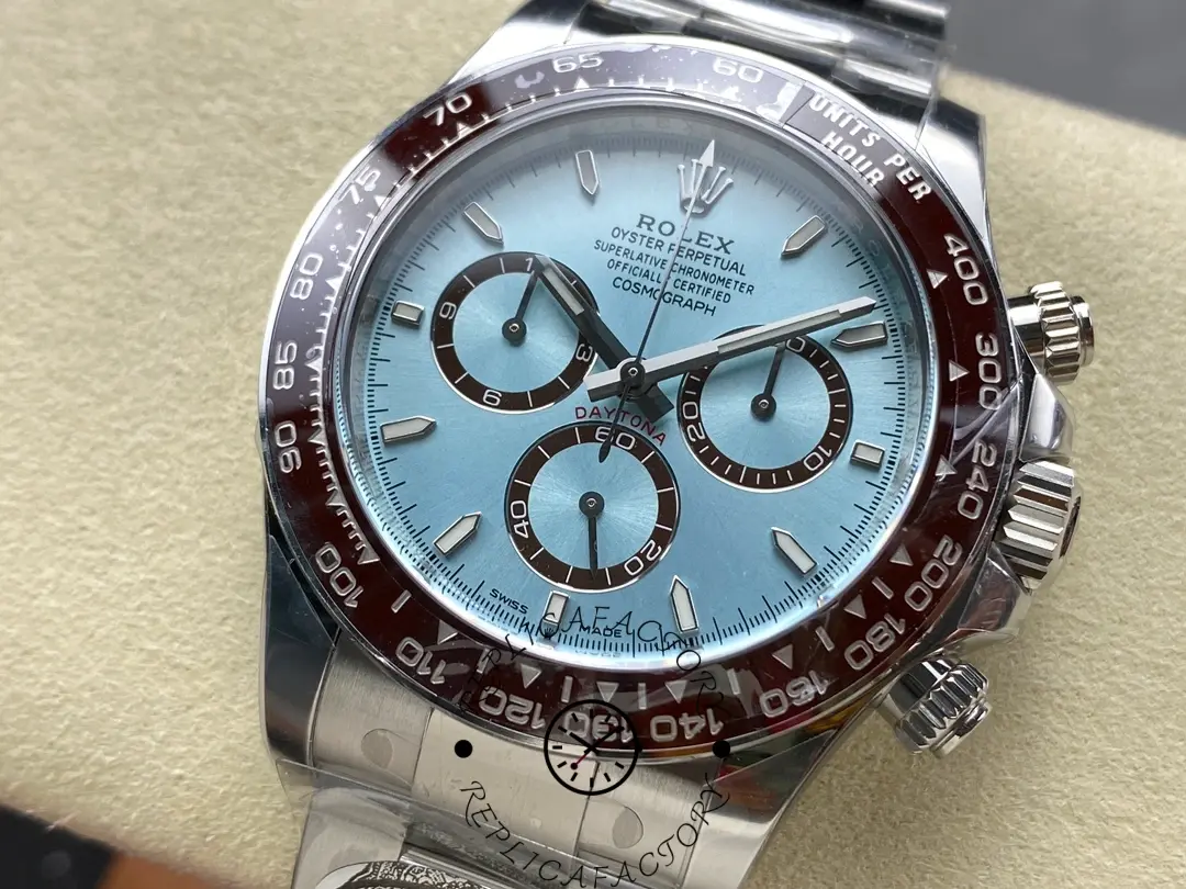 Angled view of Rolex Platinum Daytona 126506 highlighting chronograph subdials and pushers.