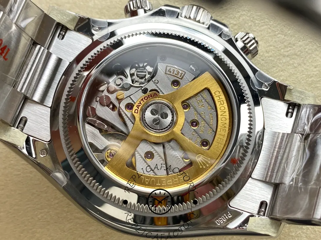 Sapphire caseback view of Rolex Platinum Daytona 126506 showing movement and gold rotor.