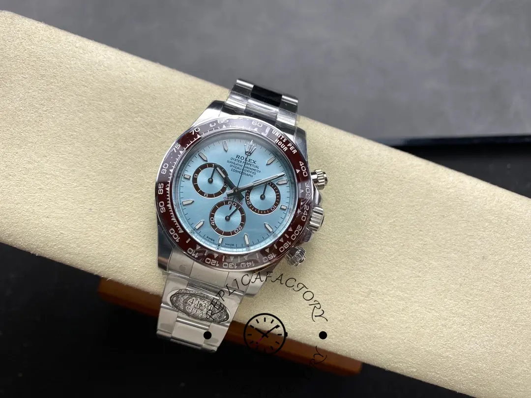 Front view of Rolex Platinum Daytona 126506 showing ice blue dial under soft light.