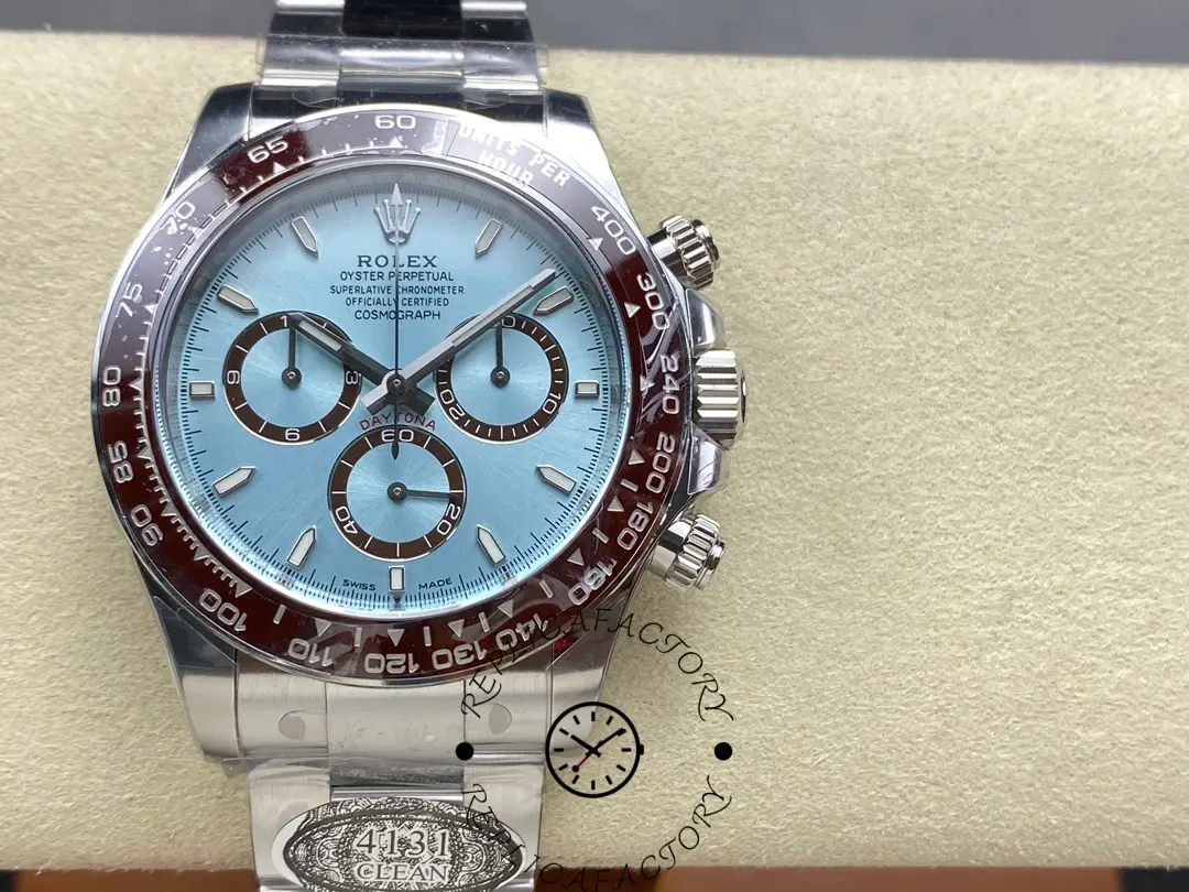 Rolex Platinum Daytona 126506 on cushion, full dial view with brown Cerachrom bezel.