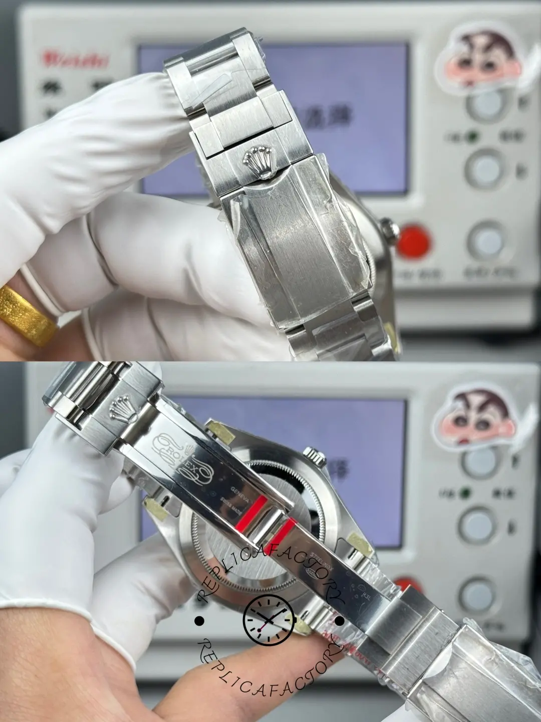 Rolex Air-King 126900 detail collage, Oyster clasp and open case back, gloved hand.